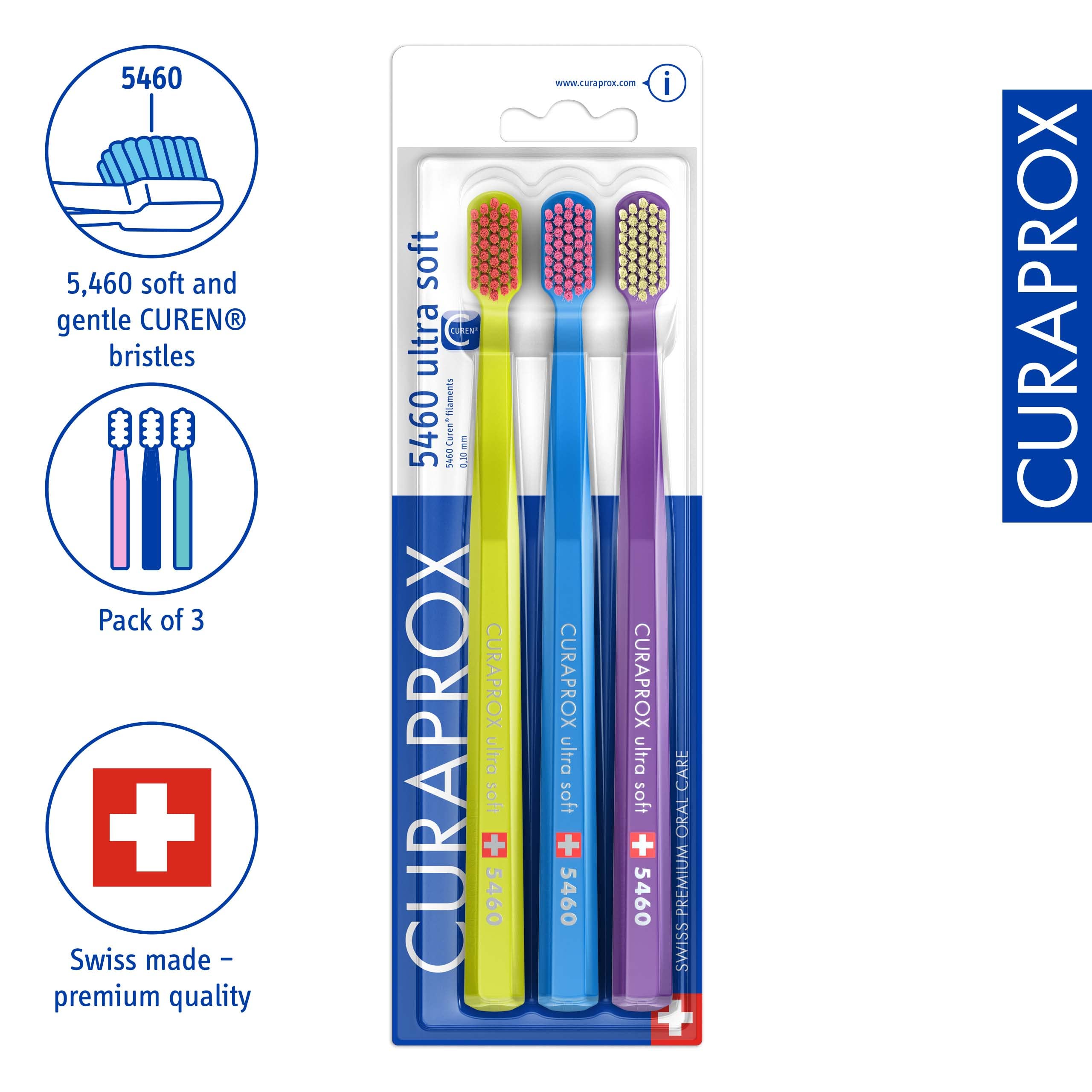 Side view of Curaprox CS 5460 Ultra-Soft Toothbrush blue-purple three-pack