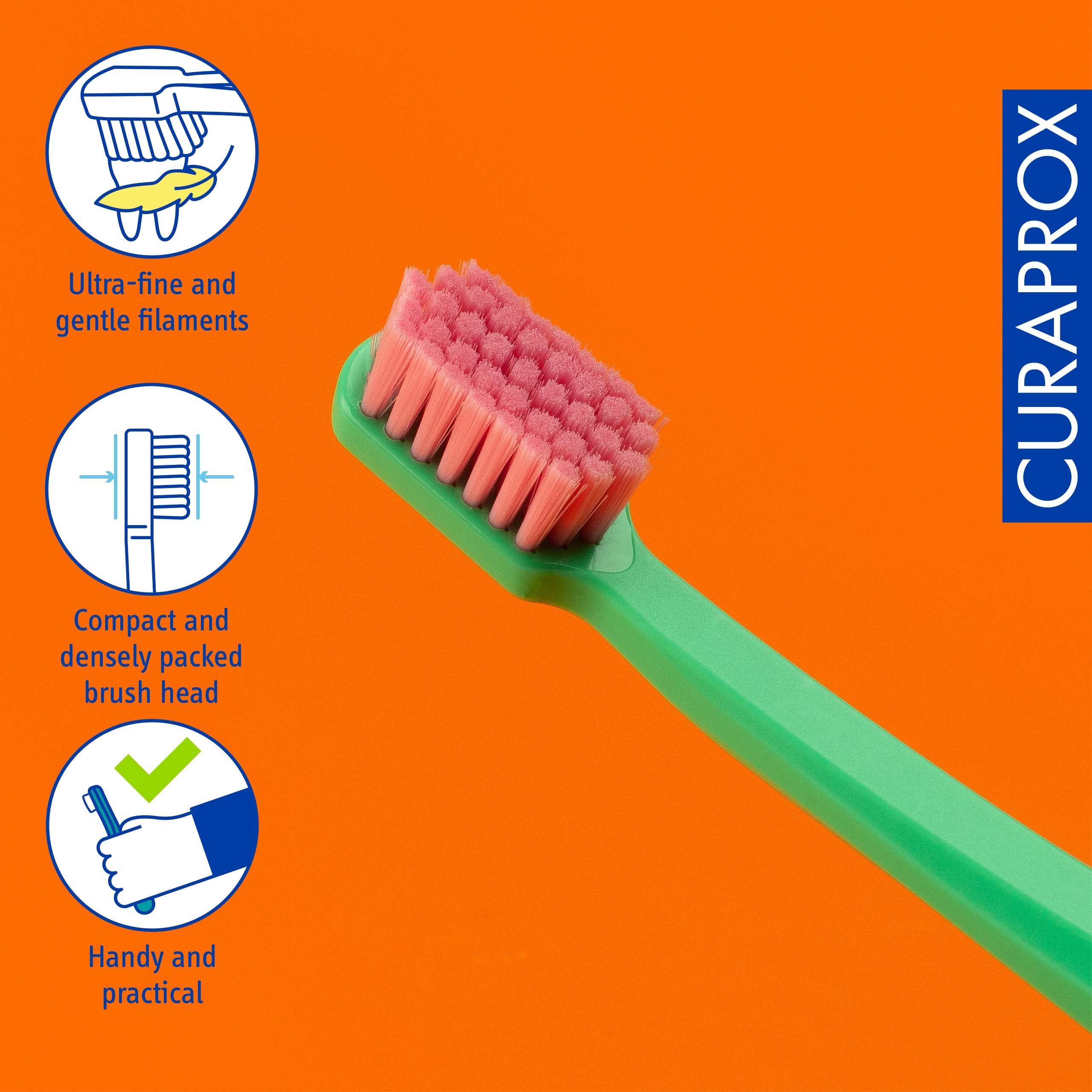 Dense bristle layout for gentle cleaning of teeth and gums
