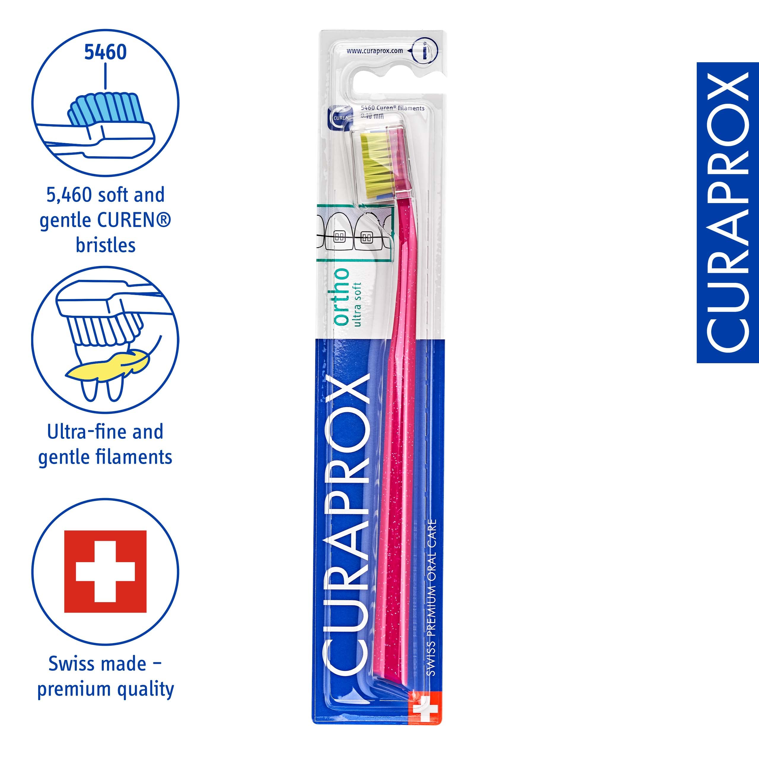 Close-up of 5460 CUREN filaments on Curaprox braces toothbrush