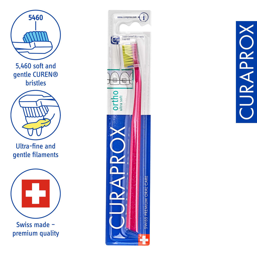 Close-up of 5460 CUREN filaments on Curaprox braces toothbrush