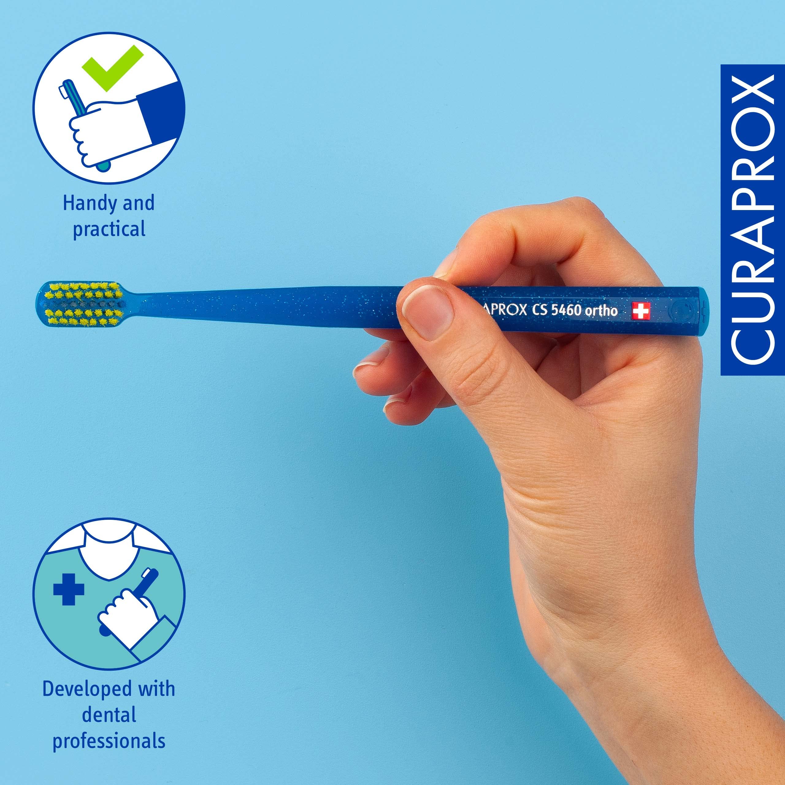 Octagonal ergonomic handle of Curaprox orthodontic toothbrush