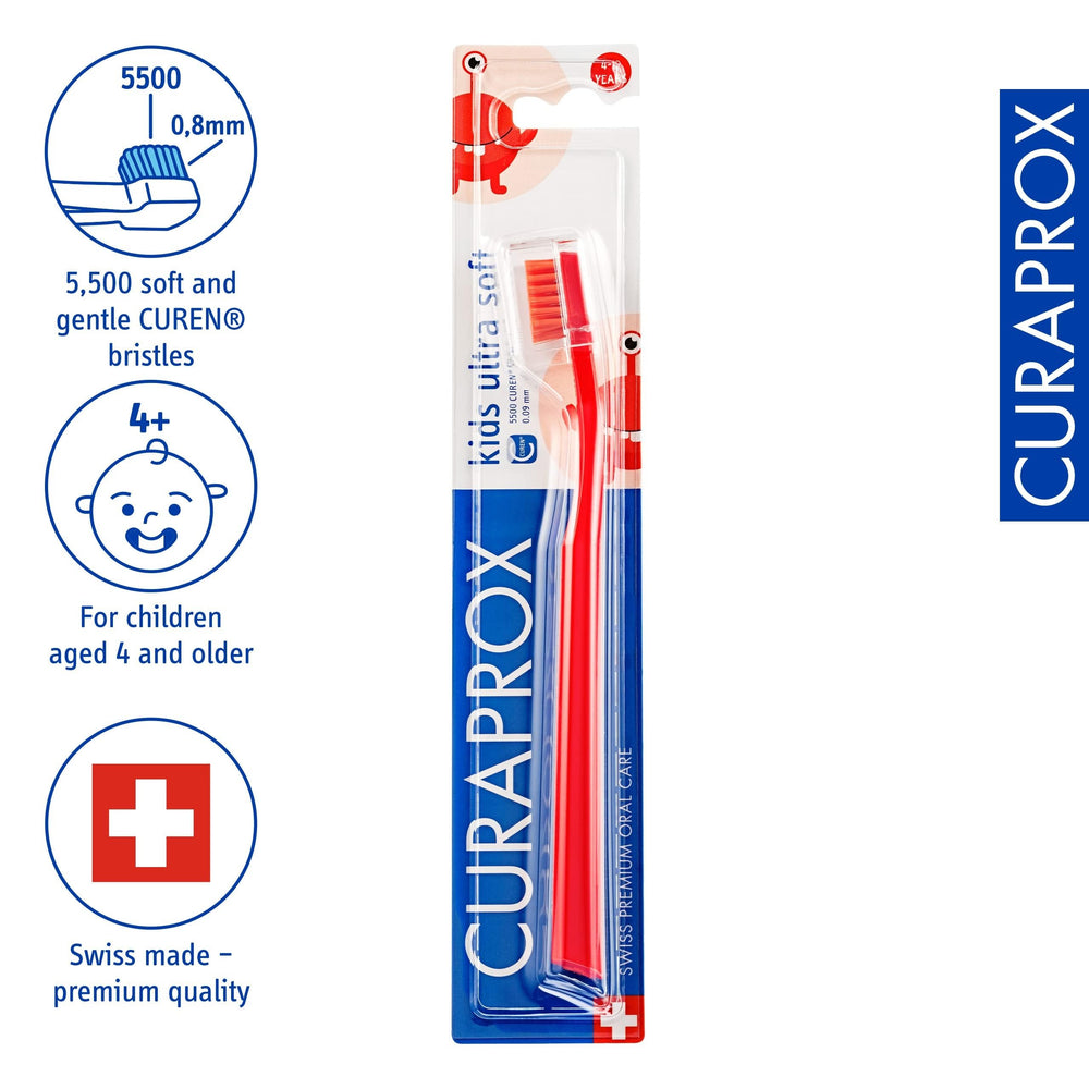 Close-up of 5,500 Curen filaments on Curaprox CS Kids toothbrush
