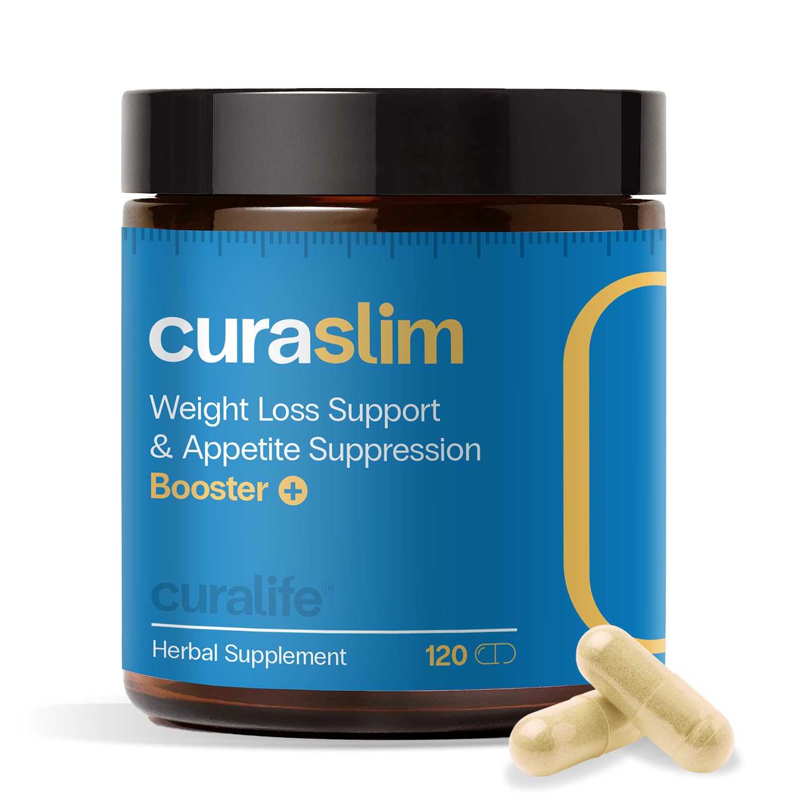 Front view of Curaslim weight loss supplement bottle with label