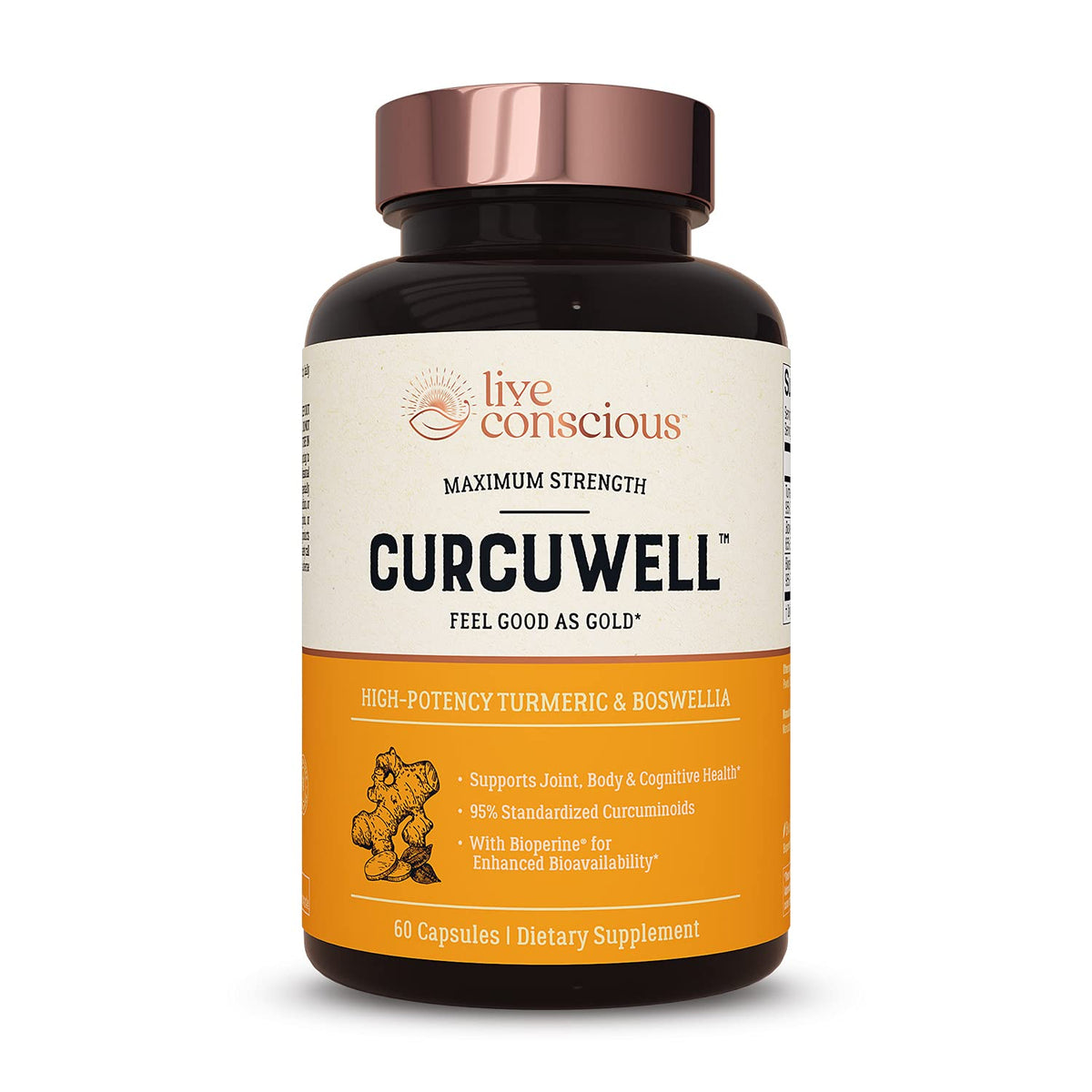 Live Conscious CurcuWell product bottle with capsules for a 30-day supply.