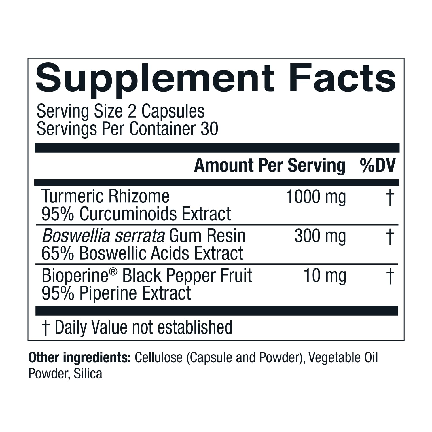 Label highlighting 1000 mg curcuminoids turmeric extract and 300 mg Boswellia serrata.