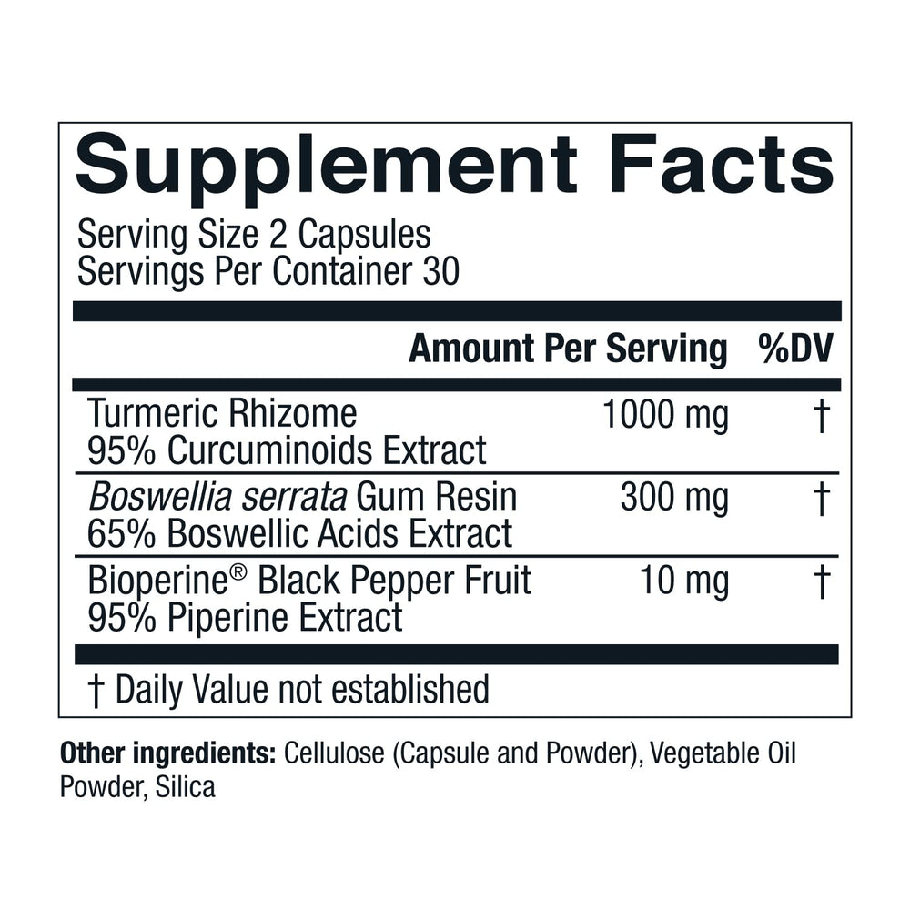 Label highlighting 1000 mg curcuminoids turmeric extract and 300 mg Boswellia serrata.