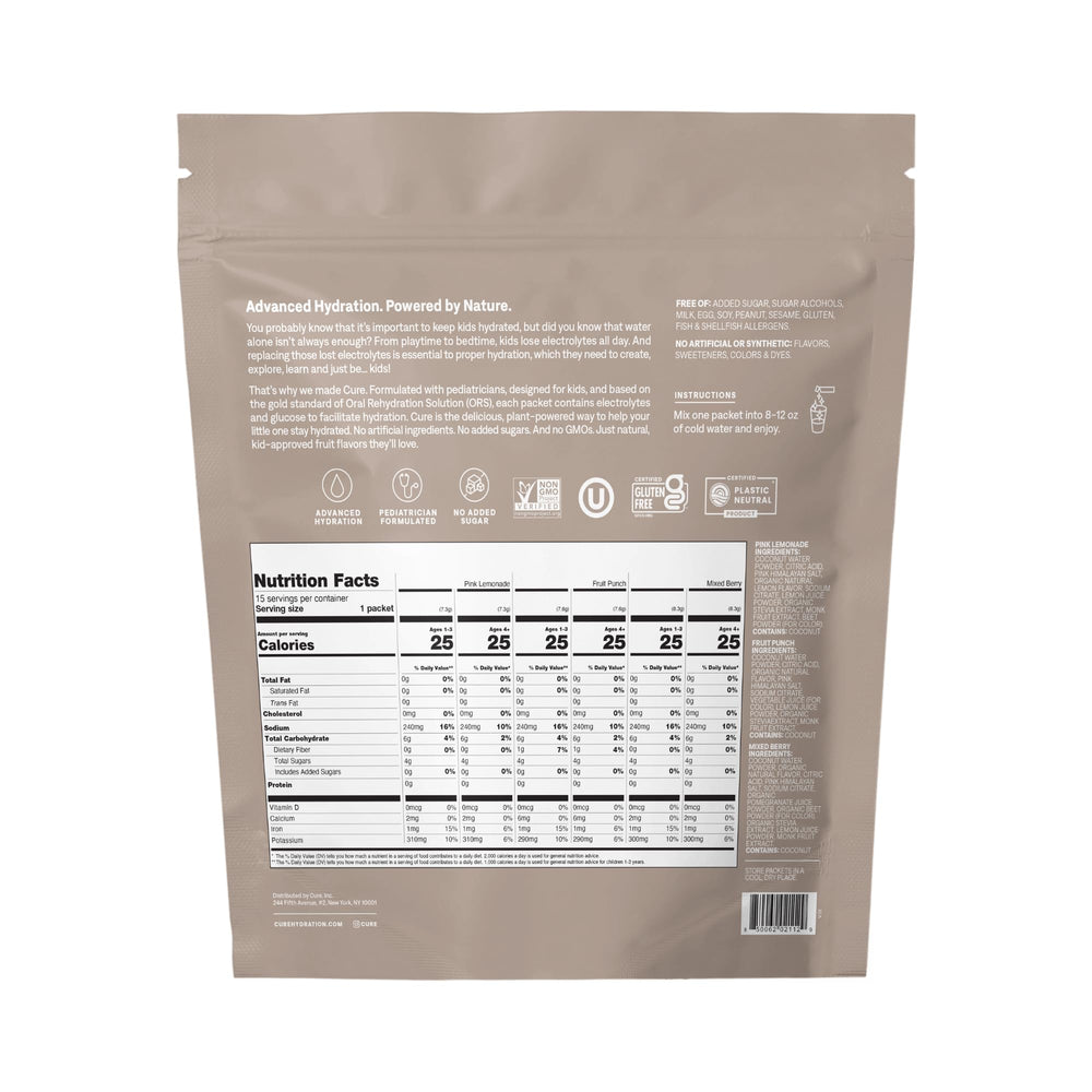 Close-up of Cure Hydration electrolyte drink mix packets