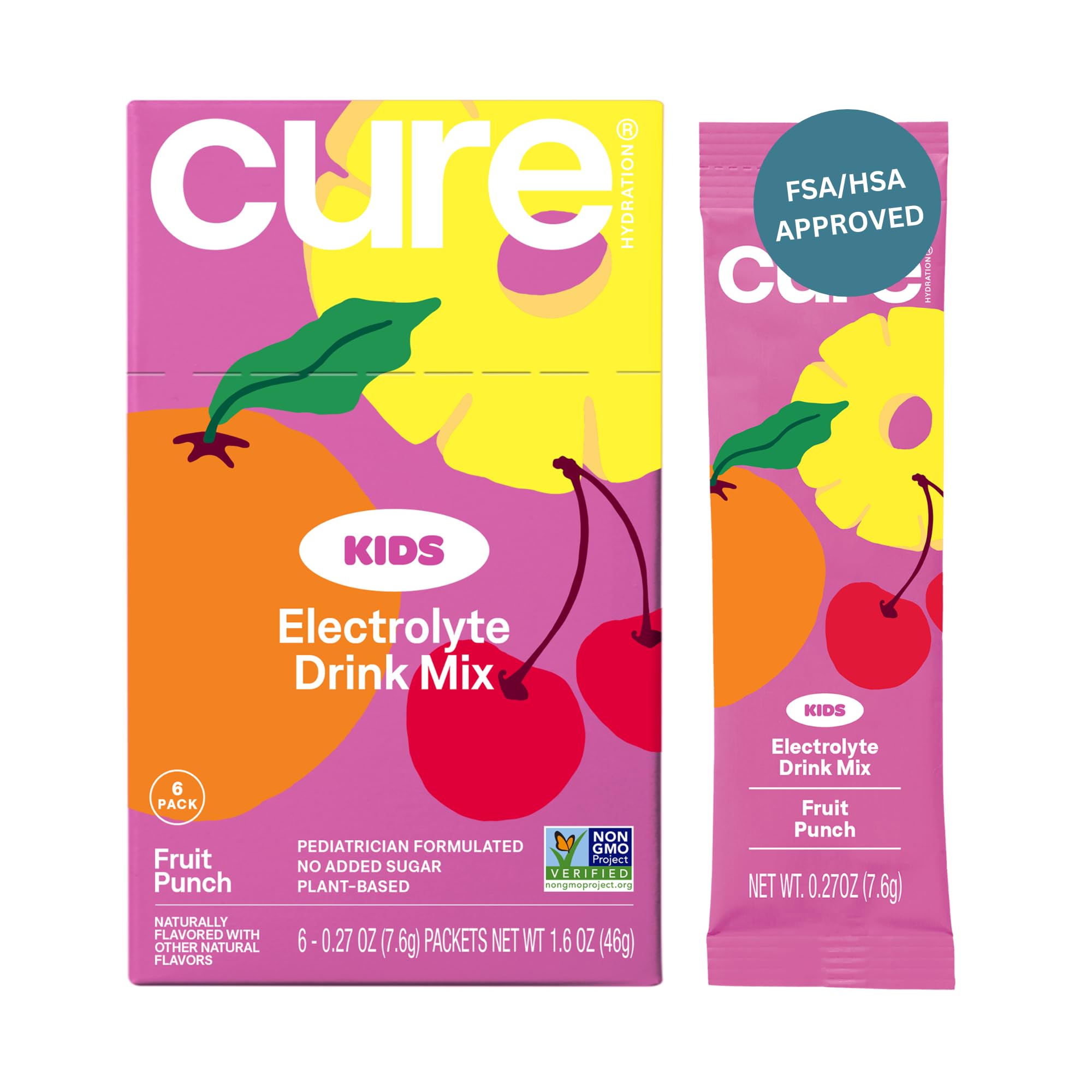 Box of Cure Hydration Kids Electrolyte Drink Mix Fruit Punch, 6-pack packets (front view)