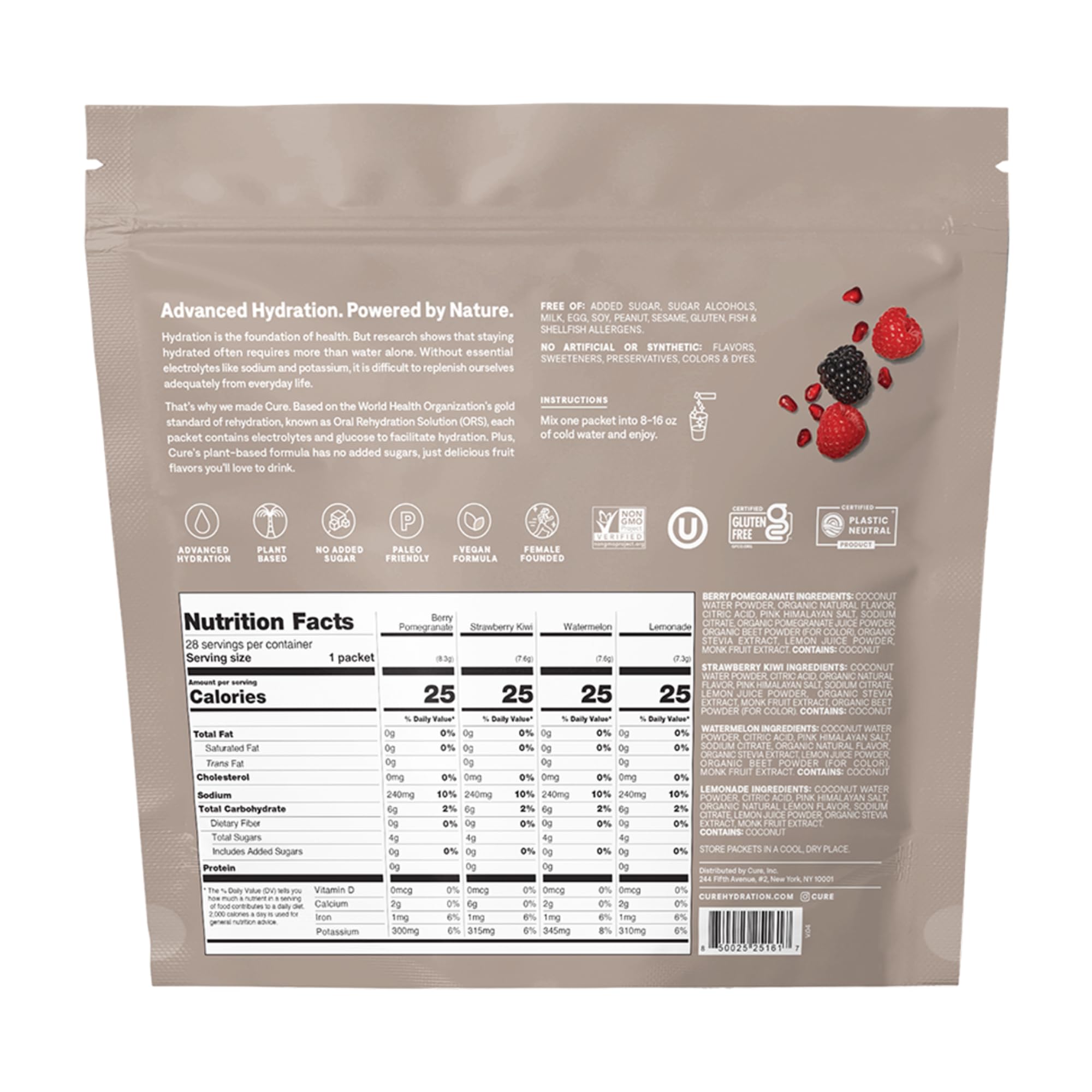 Close-up shot of Cure Hydration electrolyte sachets/packets