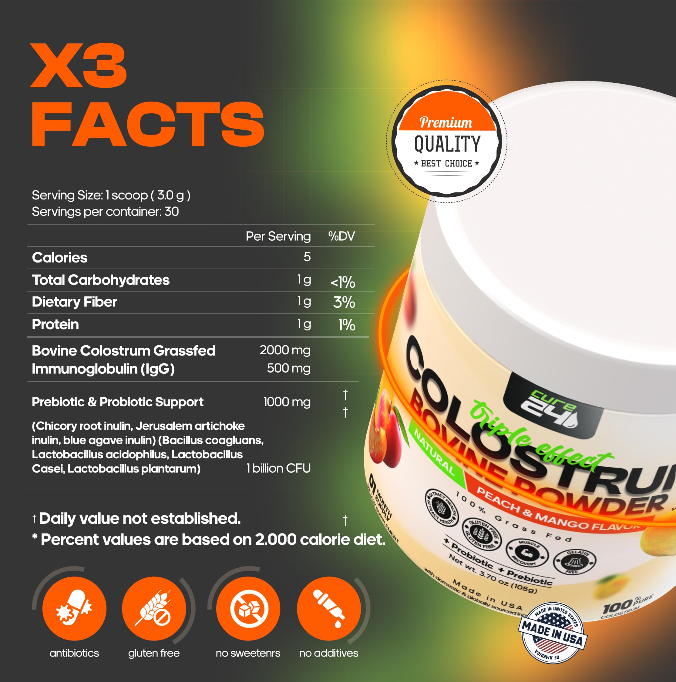 Close-up of Cure24 colostrum powder in a measuring scoop