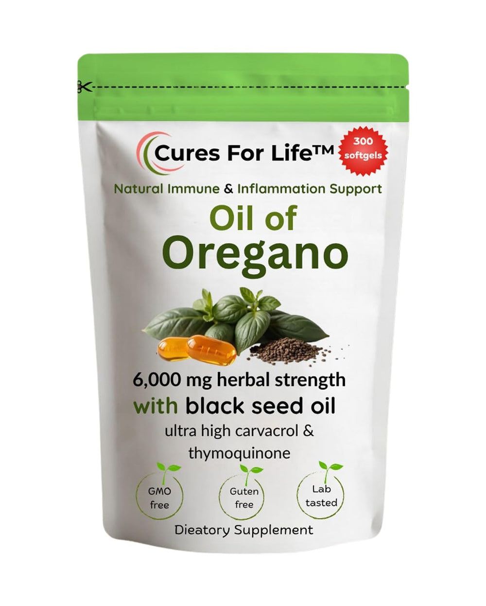 Bottle of Cures For Life Oil of Oregano Softgels with 6000mg per serving