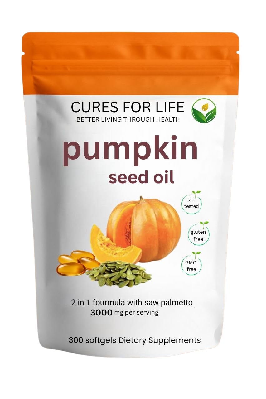 Front view of Cures For Life Pumpkin Seed Oil with Saw Palmetto bottle