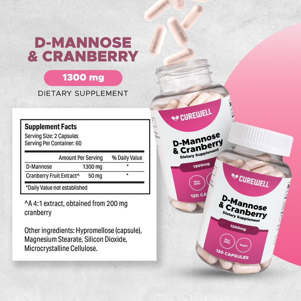 Product packaging and bottle shot for CUREWELL D-Mannose & Cranberry