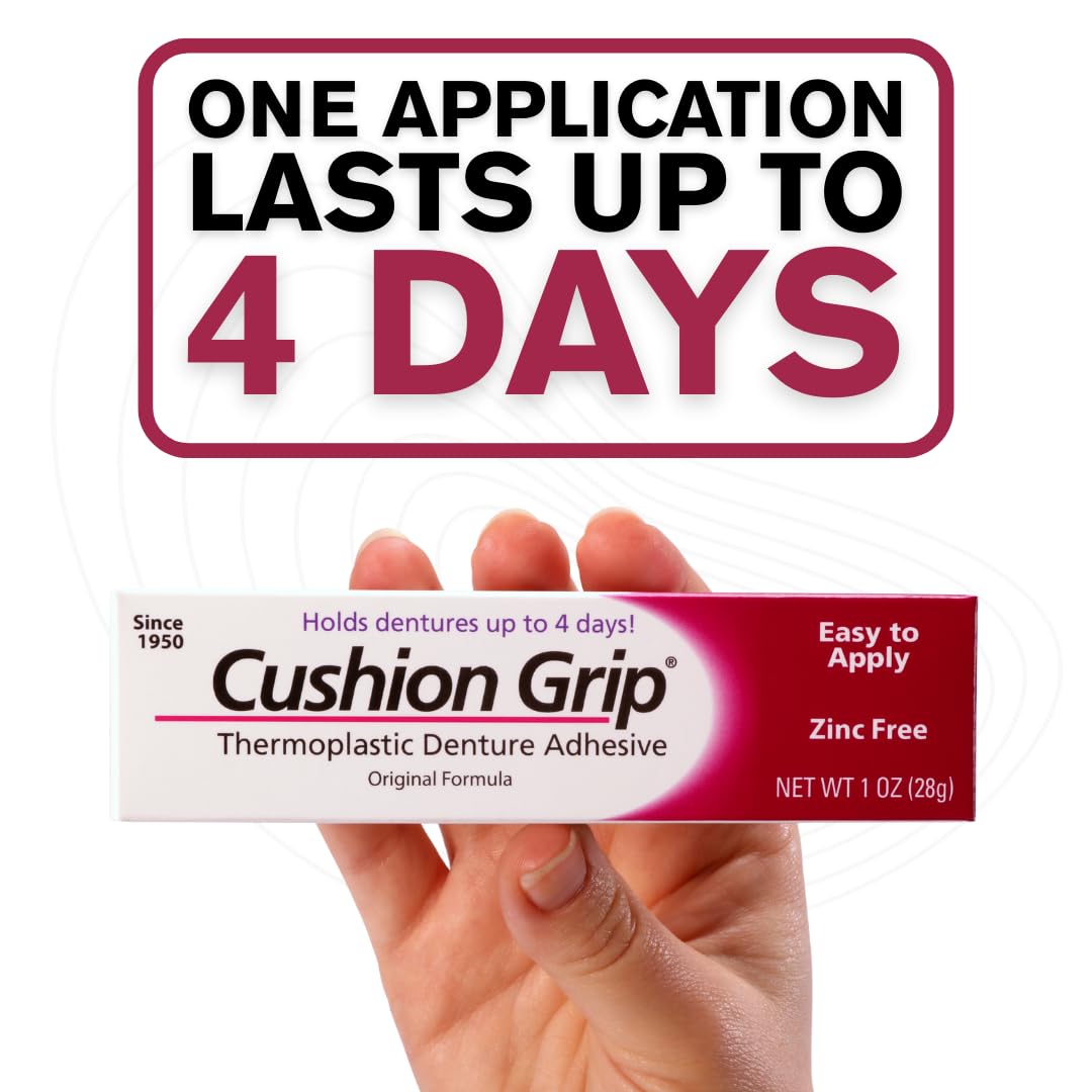Close-up of Cushion Grip 1oz denture adhesive tube
