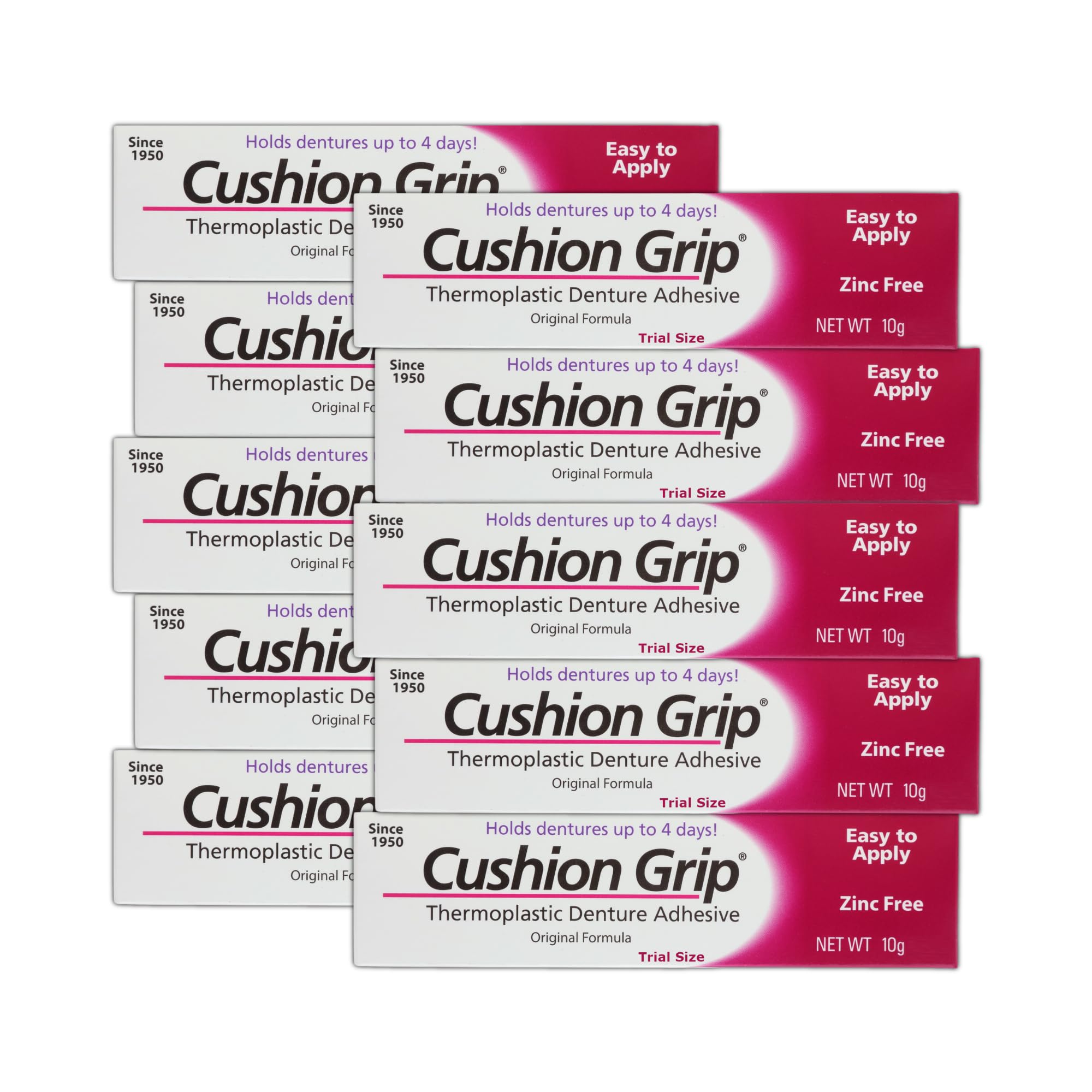 Hero image: Cushion Grip denture adhesive travel-size pack of 10