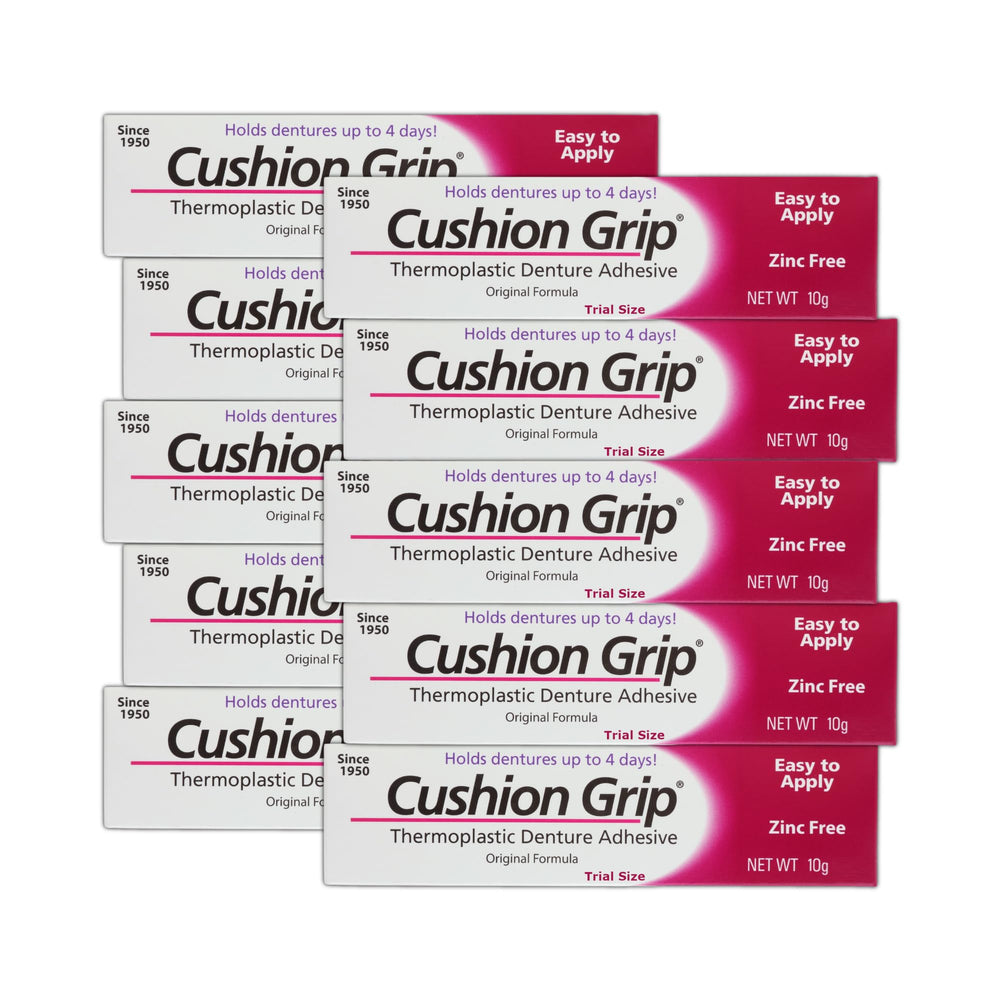 Hero image: Cushion Grip denture adhesive travel-size pack of 10