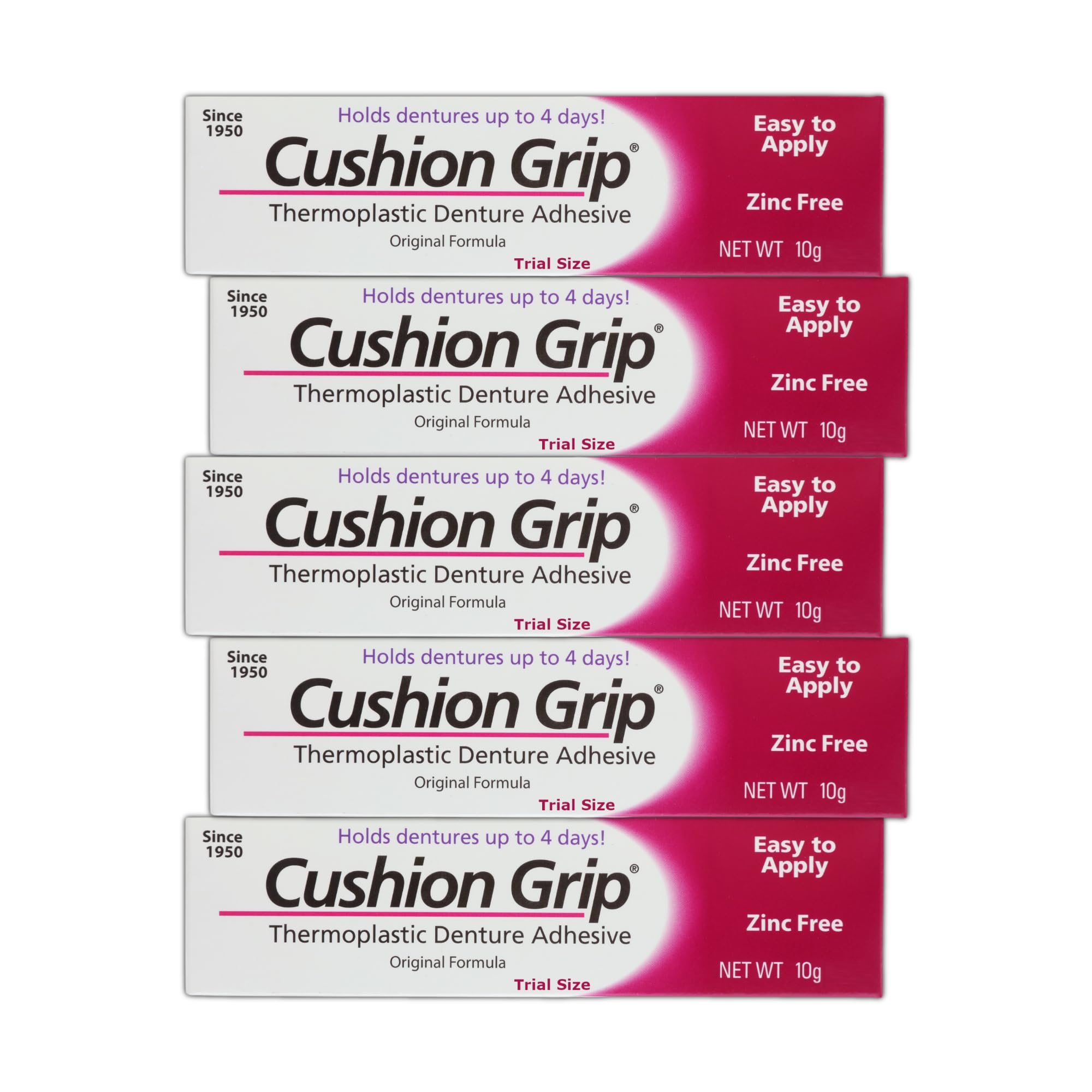 Packaging for Cushion Grip Thermoplastic Denture Adhesive 0.35 oz Travel Size (Pack of 5)