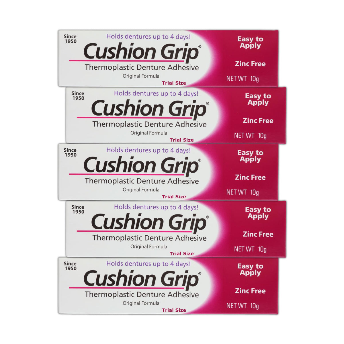 Packaging for Cushion Grip Thermoplastic Denture Adhesive 0.35 oz Travel Size (Pack of 5)