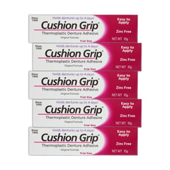 Packaging for Cushion Grip Thermoplastic Denture Adhesive 0.35 oz Travel Size (Pack of 5)