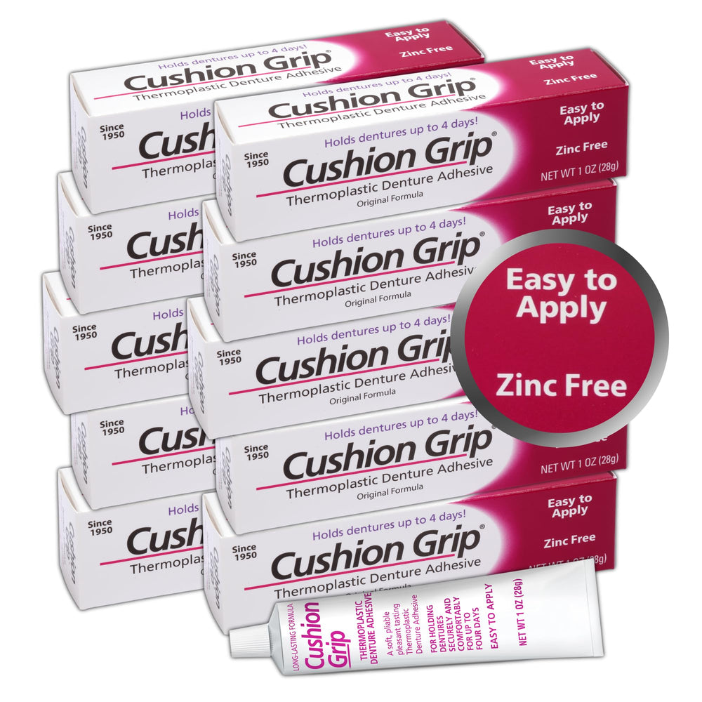 Front packaging of Cushion Grip Thermoplastic Denture Adhesive 1oz (10 Pack)