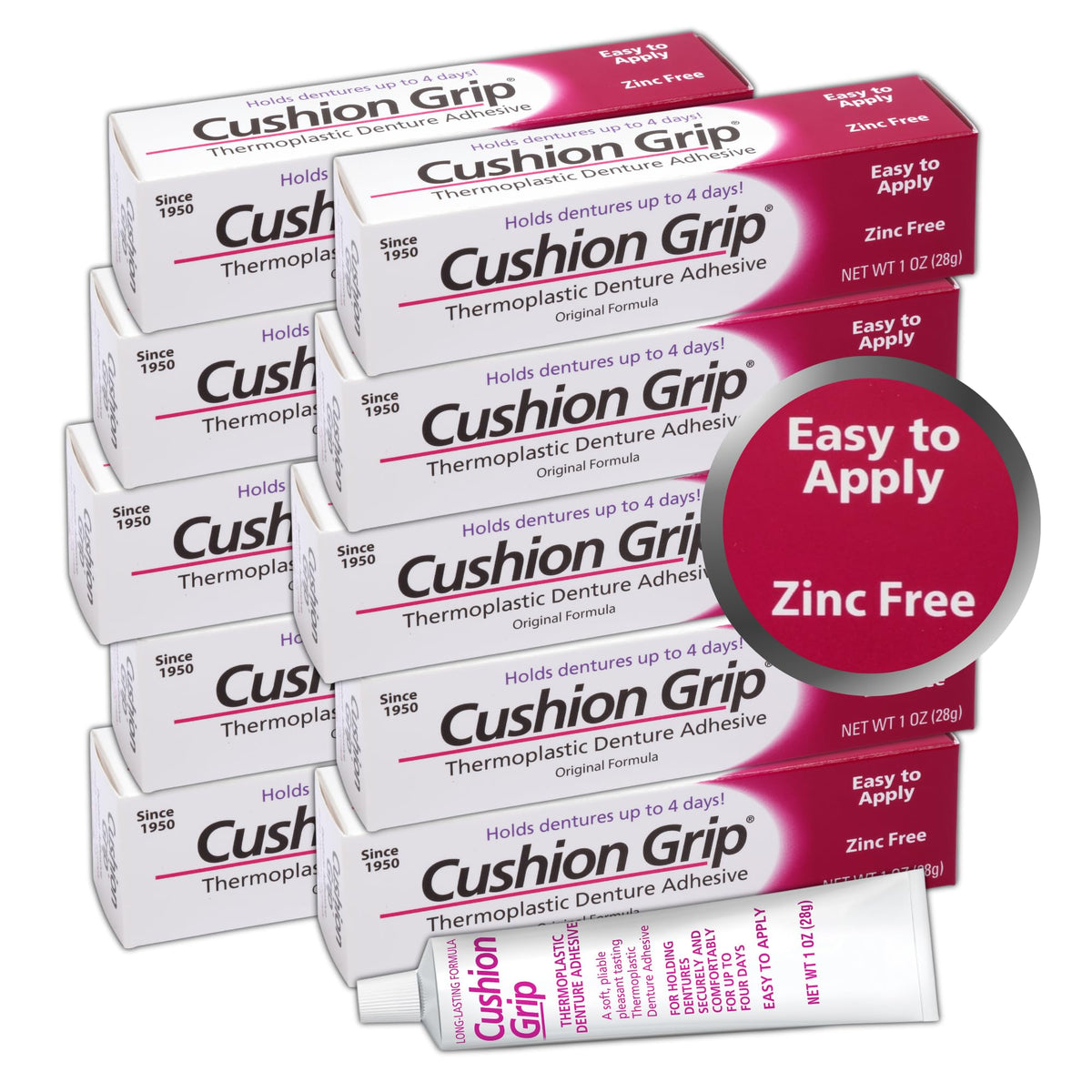 Front packaging of Cushion Grip Thermoplastic Denture Adhesive 1oz (10 Pack)