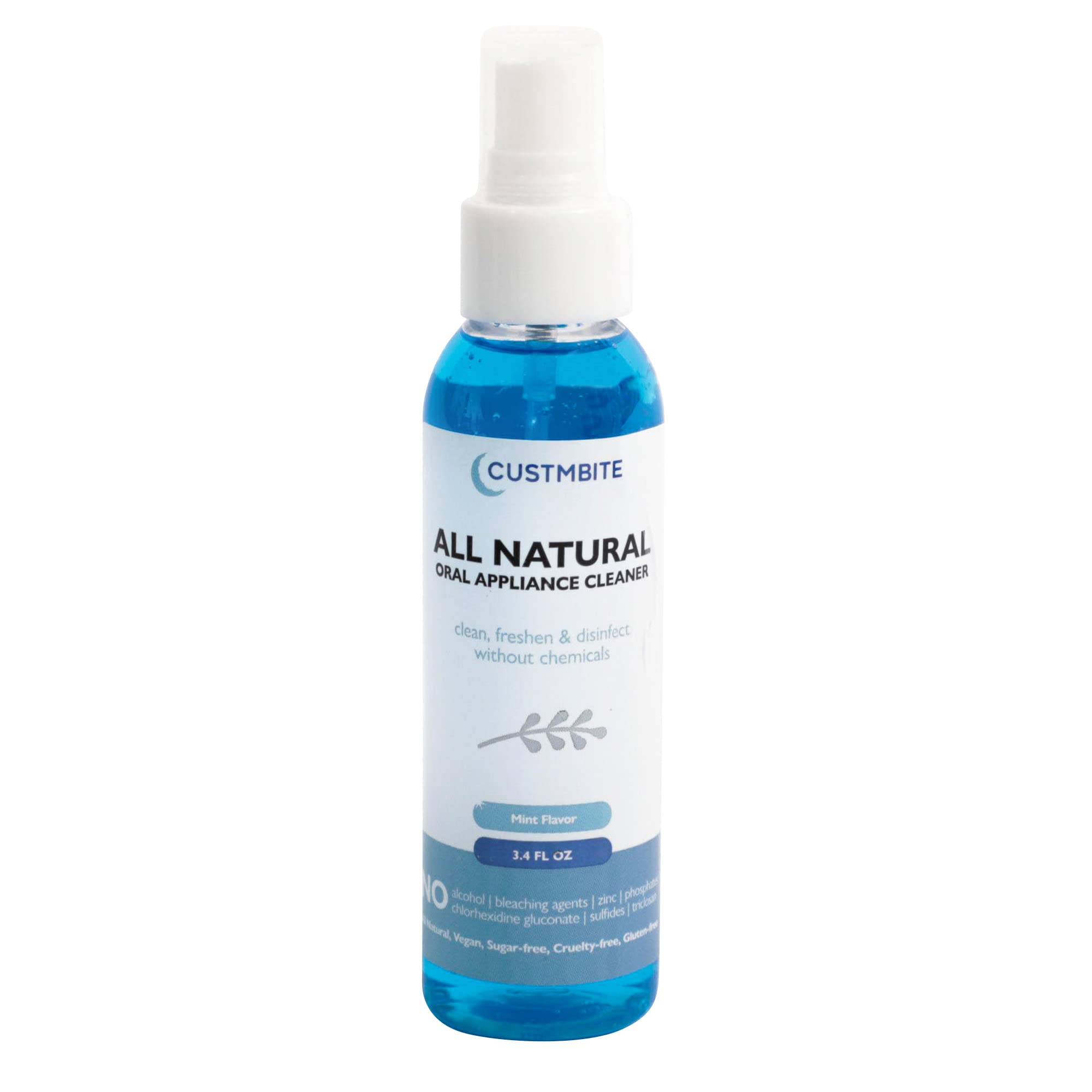Product shot of CustMBite All Natural Dental Appliance Cleaner bottle