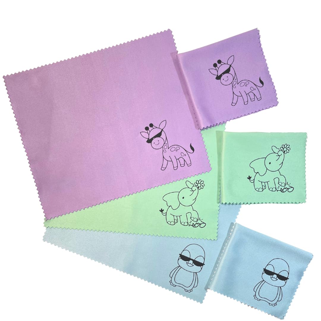 Six-pack of cute animal microfiber cleaning cloths in assorted colors for glasses and screens