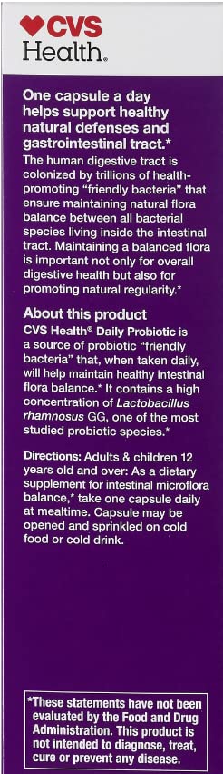 CVS Health maximum strength probiotic label shows gluten-free, dairy-free, soy-free formulation.