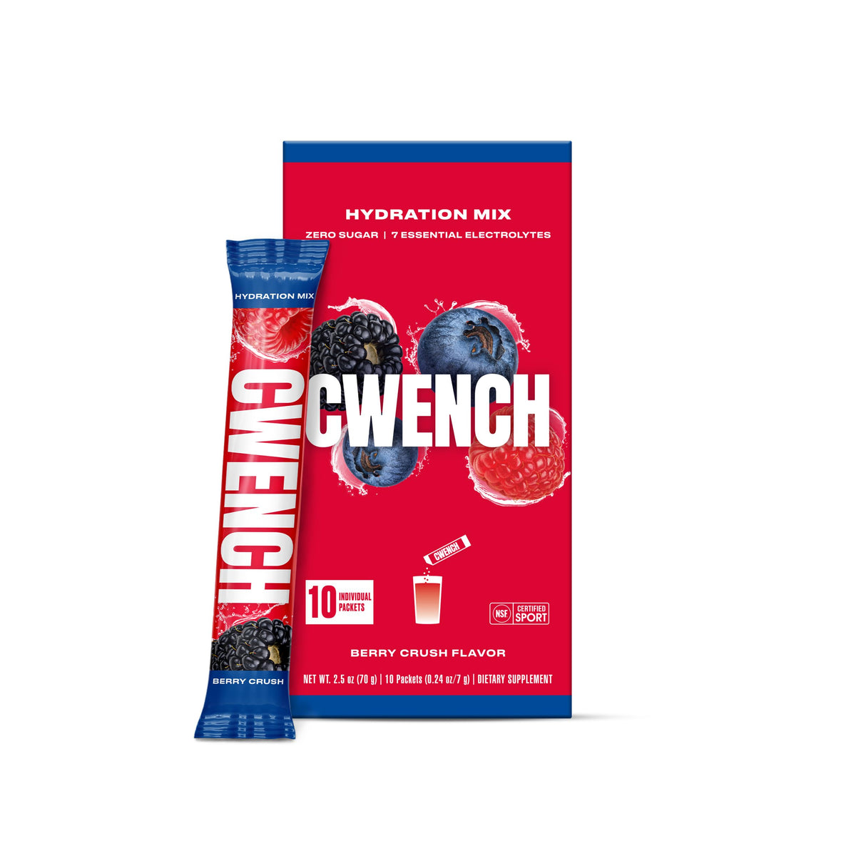 Cwench Electrolytes Berry Crush packet for on-the-go hydration and performance support.