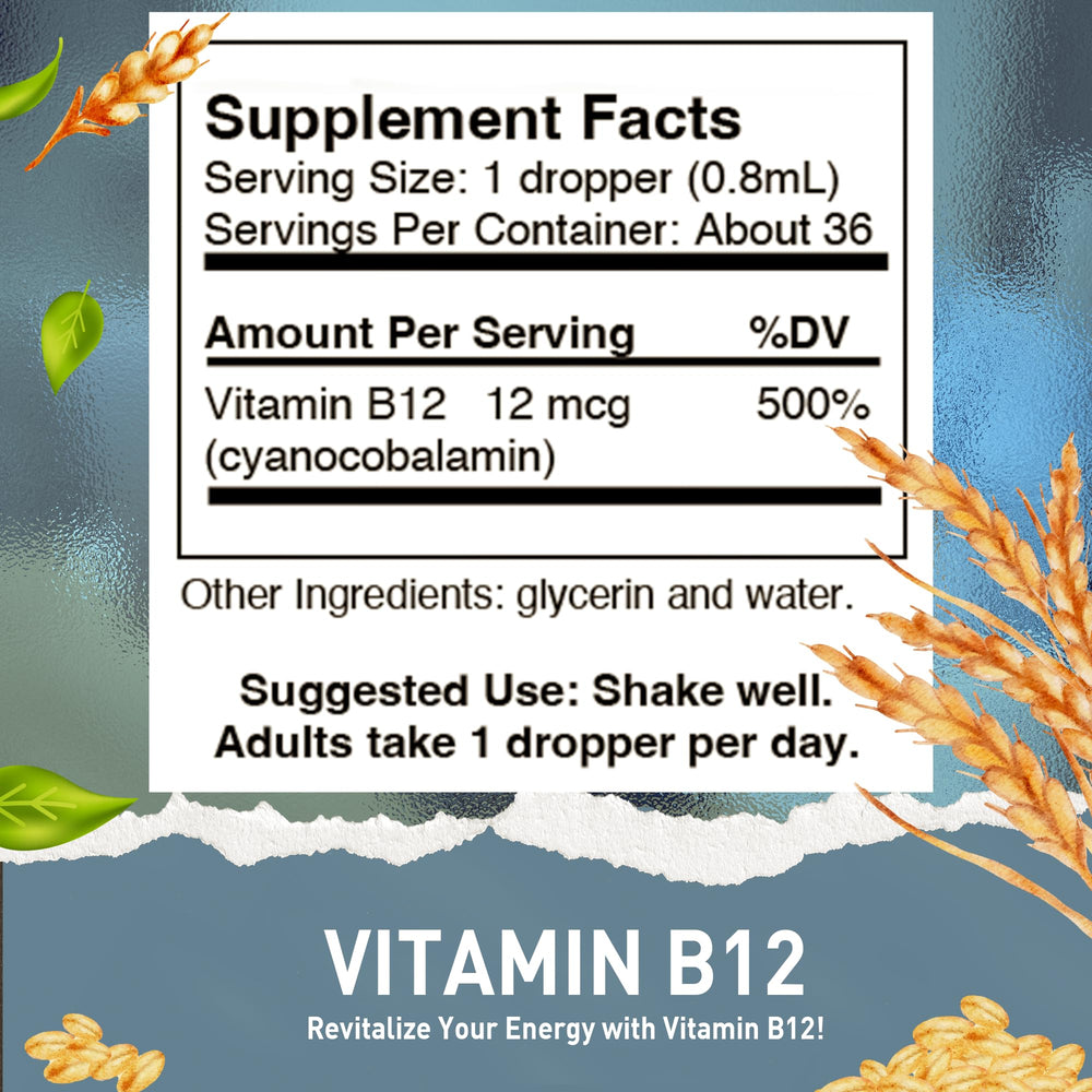 Close-up of the cyanocobalamin Vitamin B12 liquid drops bottle label.