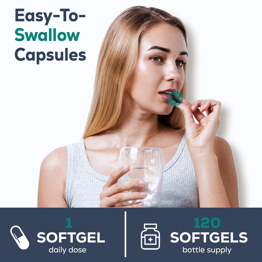 Product packaging featuring 120-capsule bottle on neutral background