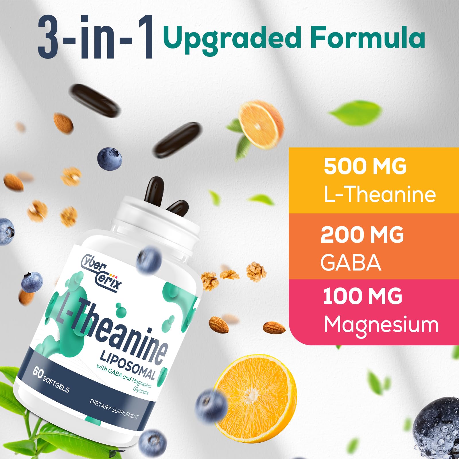 Nutritional panel showing 500mg L-Theanine, 200mg GABA, 100mg Magnesium Glycinate