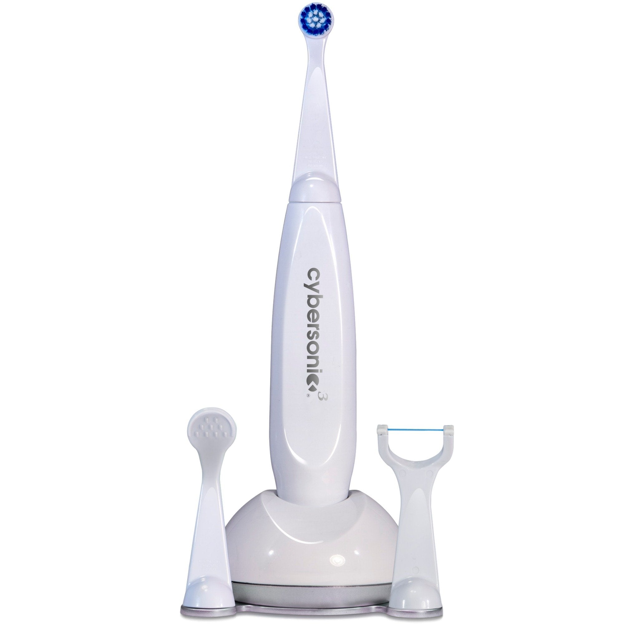 Front view of Cybersonic3 Electric Toothbrush with charging base