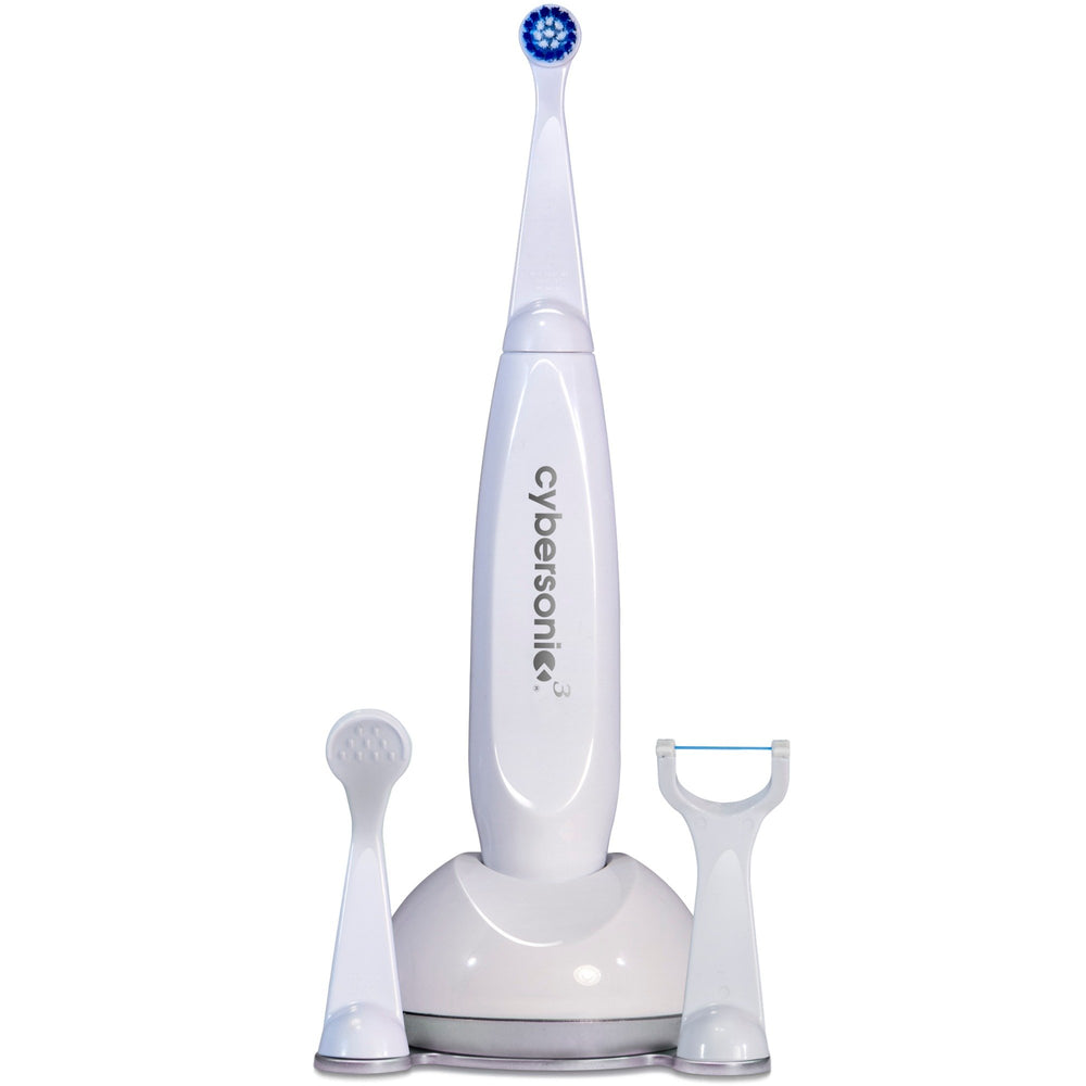 Front view of Cybersonic3 Electric Toothbrush with charging base