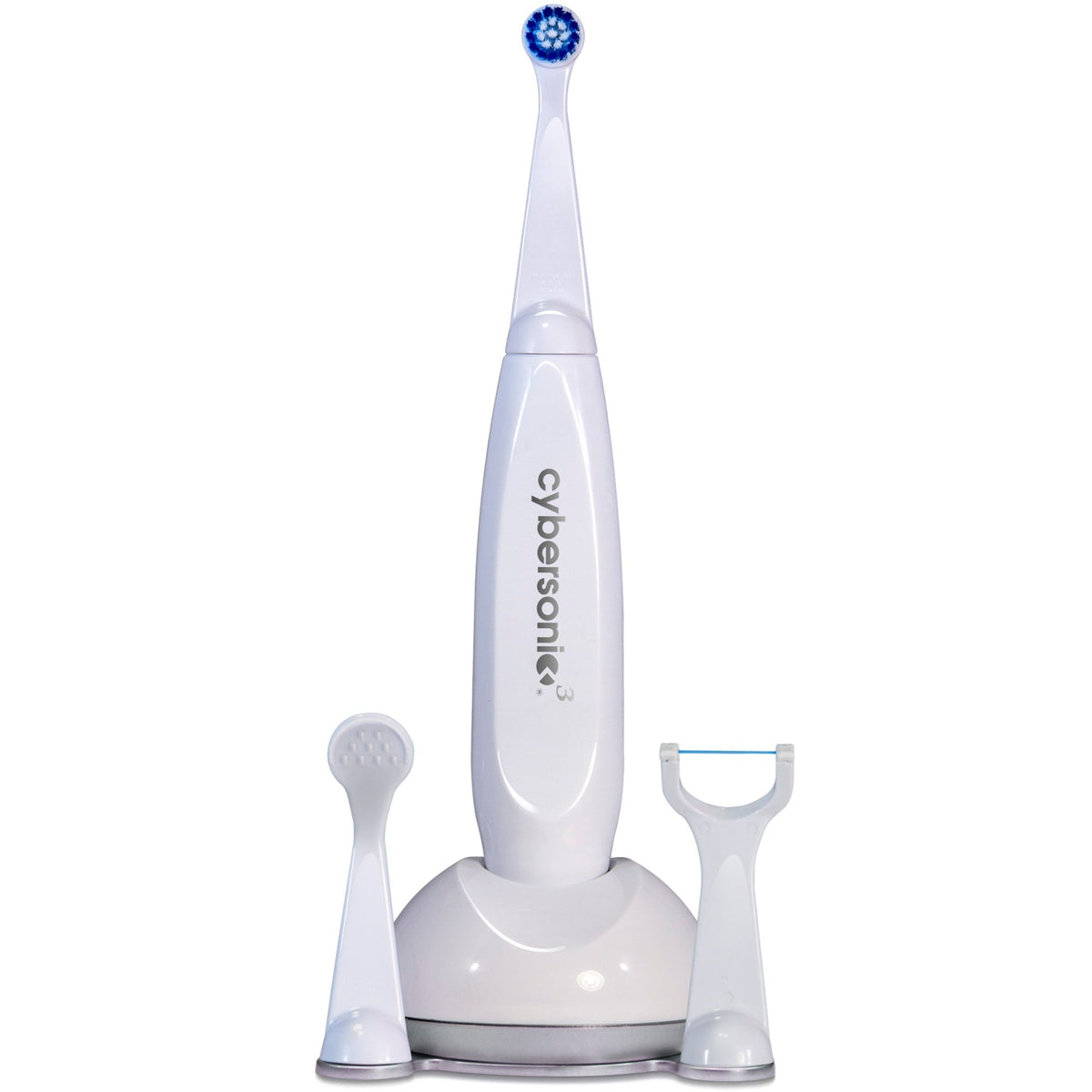 Front view of Cybersonic3 Electric Toothbrush with charging base