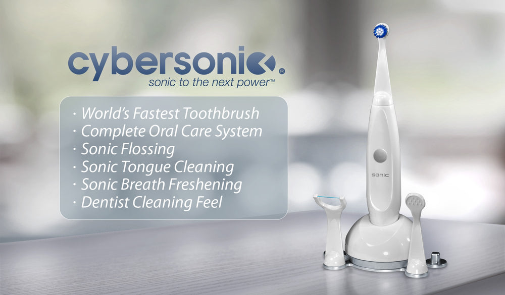 Cybersonic3 toothbrush with floss head and tongue scraper attachments