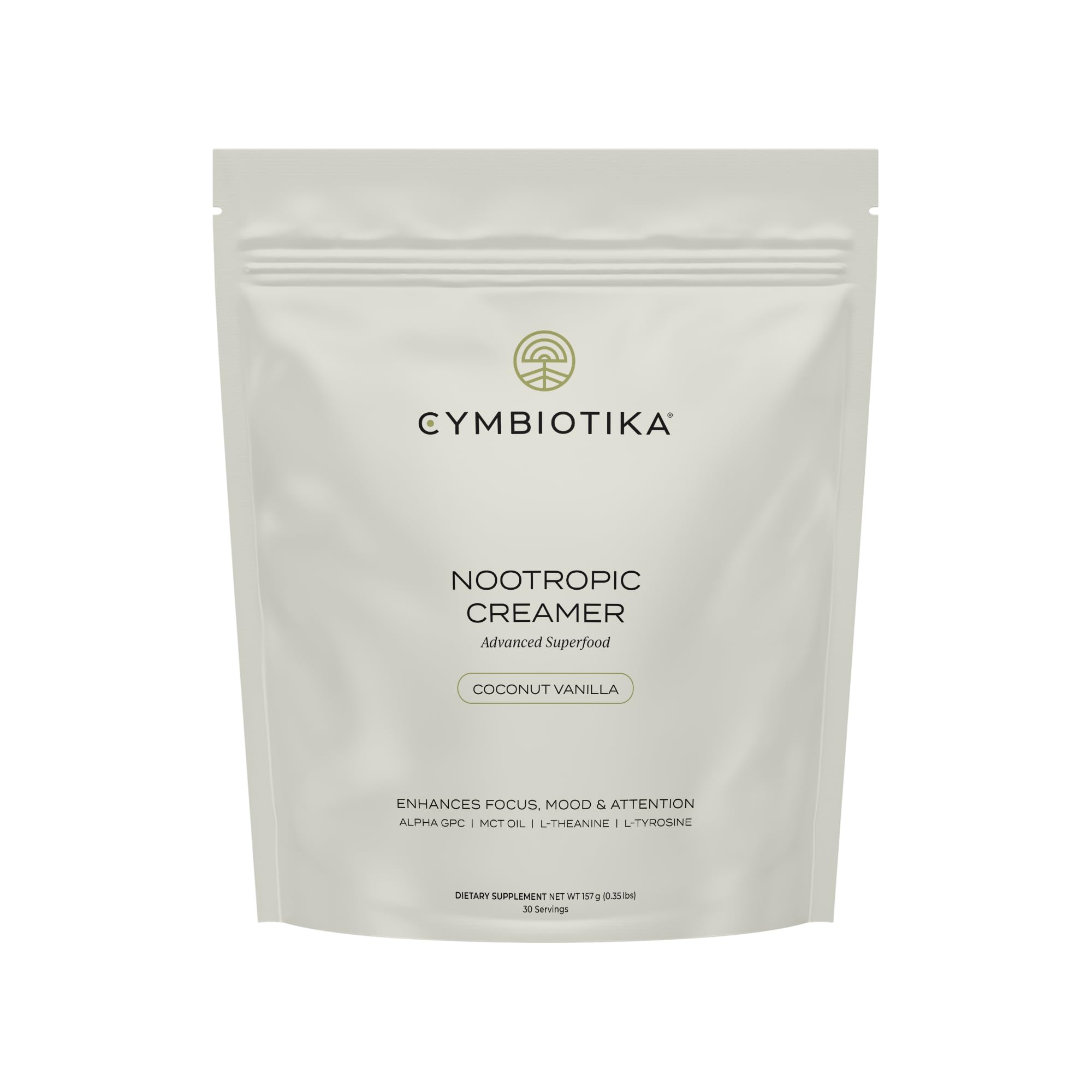 CYMBIOTIKA Nootropic Creamer bottle with Coconut Vanilla flavor (30 servings).