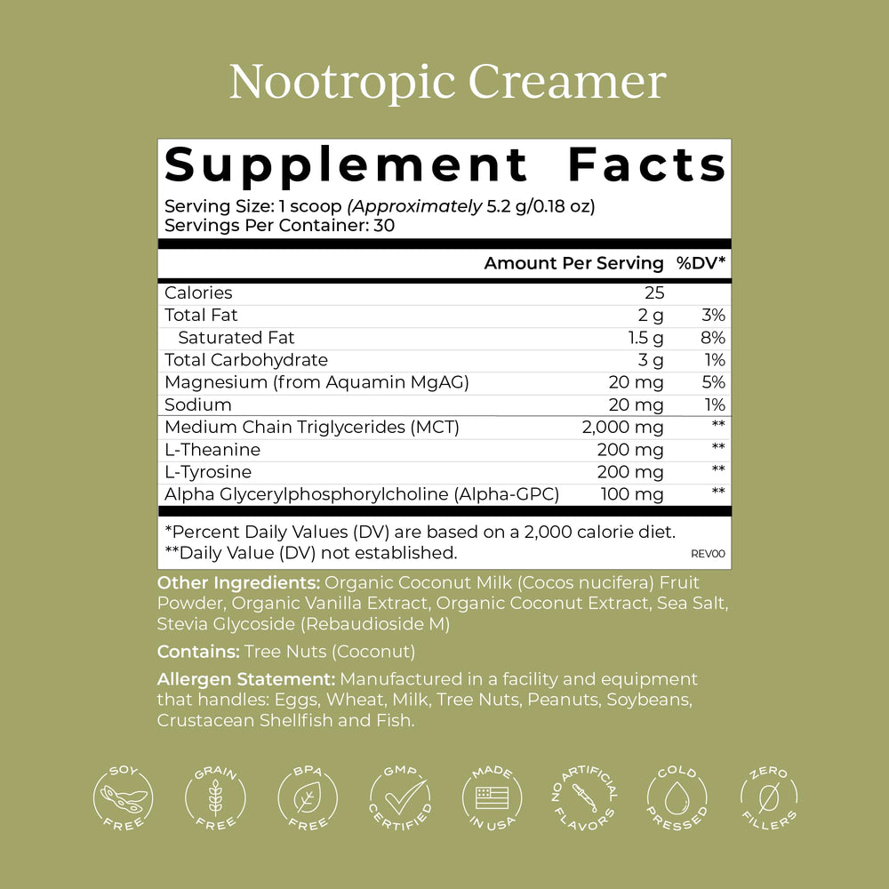 Spoon scooping nootropic creamer into a cup of coffee.
