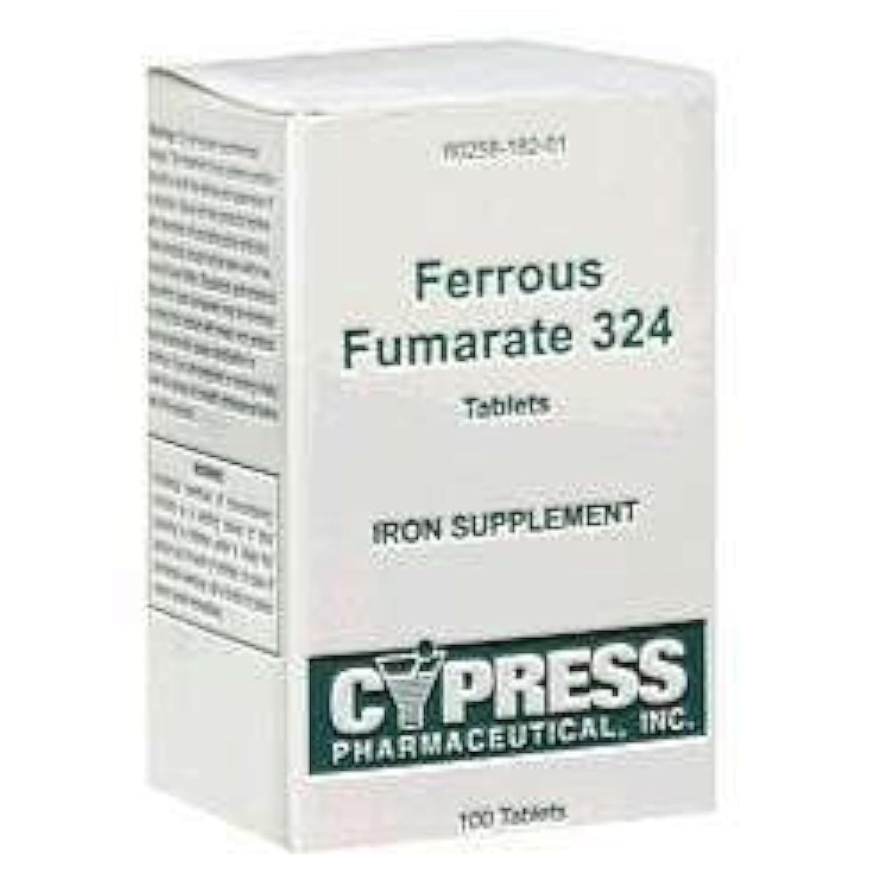 Front view of Cypress Pharmaceutical Ferrous Fumarate 324 tablets boxed 100 count
