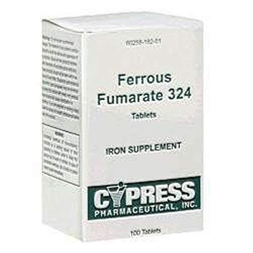Box and label details for Cypress Pharmaceutical Ferrous Fumarate 324 tablets boxed 100 count