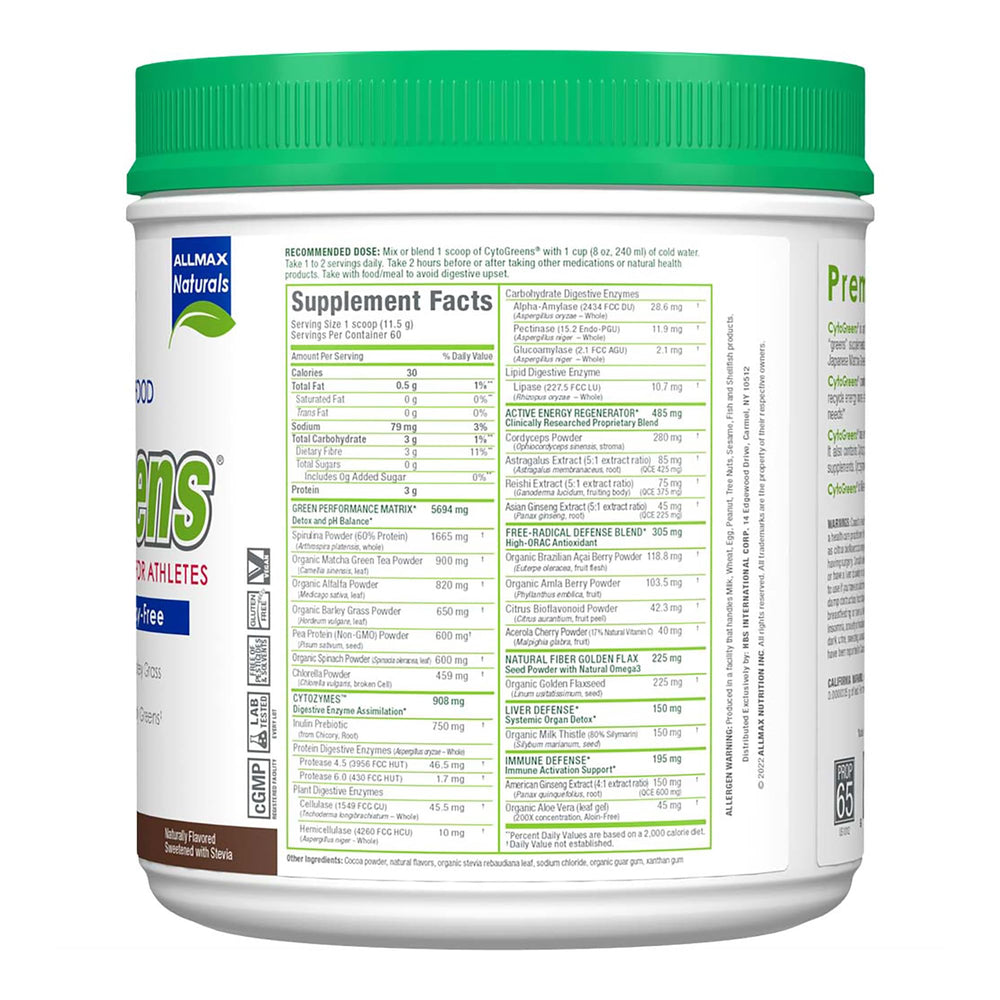 Close-up of CytoGreens Chocolate ingredients and scoop
