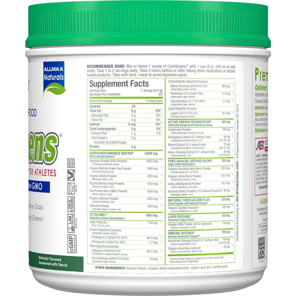 Cytogreens greens powder with spirulina, spinach and barley grass