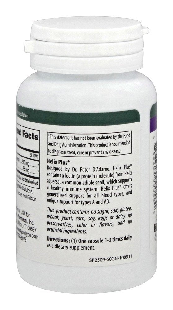 Back of bottle with nutrition facts for Helix Plus 60 vcaps