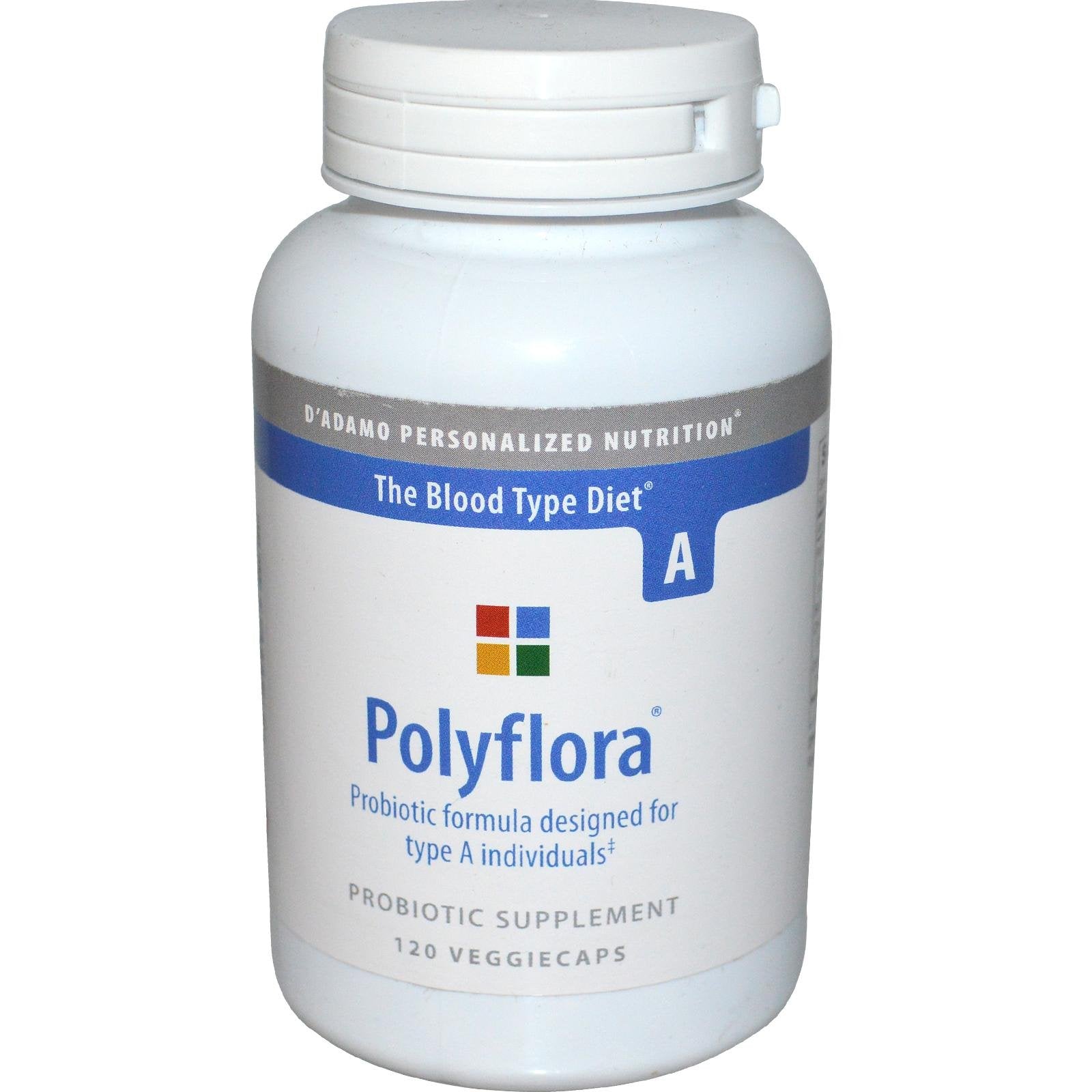D'Adamo Polyflora Probiotic Type A 120 Vcaps bottle front view