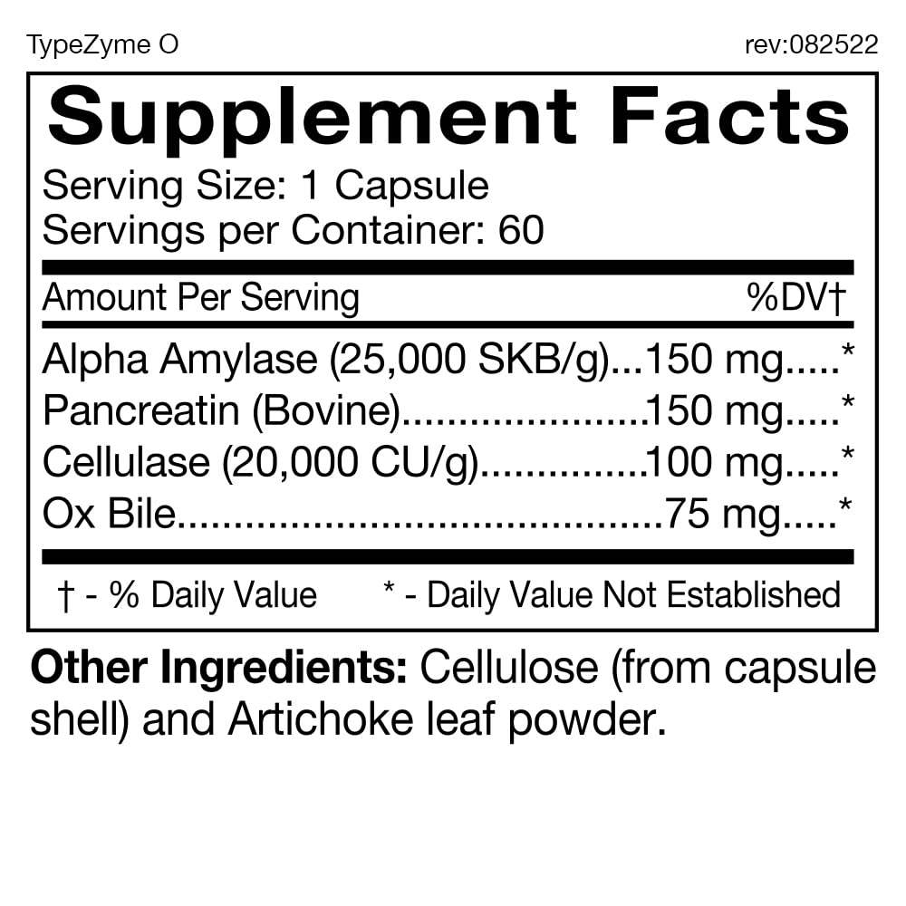 D'Adamo TypeZyme Digestive Enzyme bottle - Blood Type O - back label