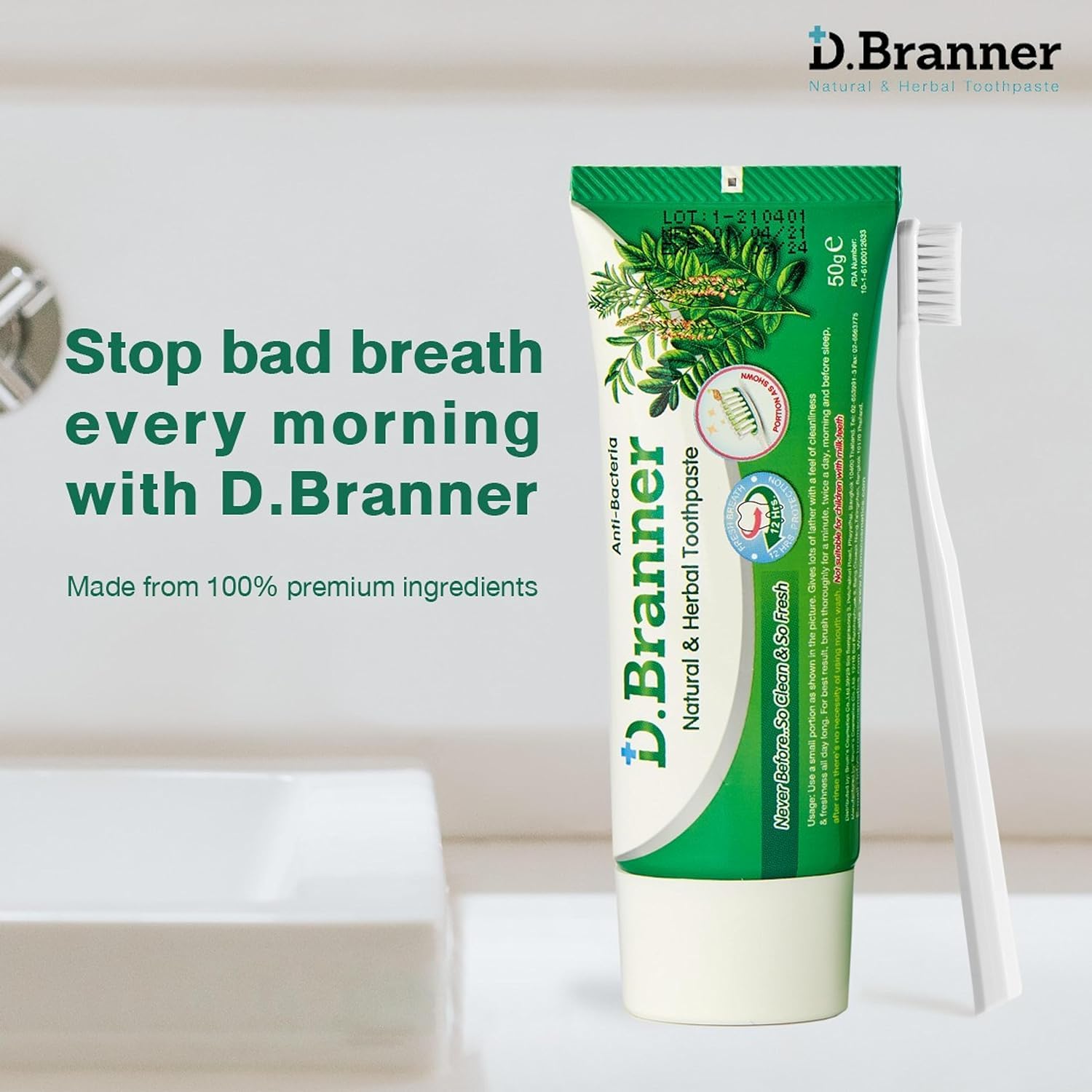 Tube of D.BRANNER toothpaste with mint and herbal ingredients