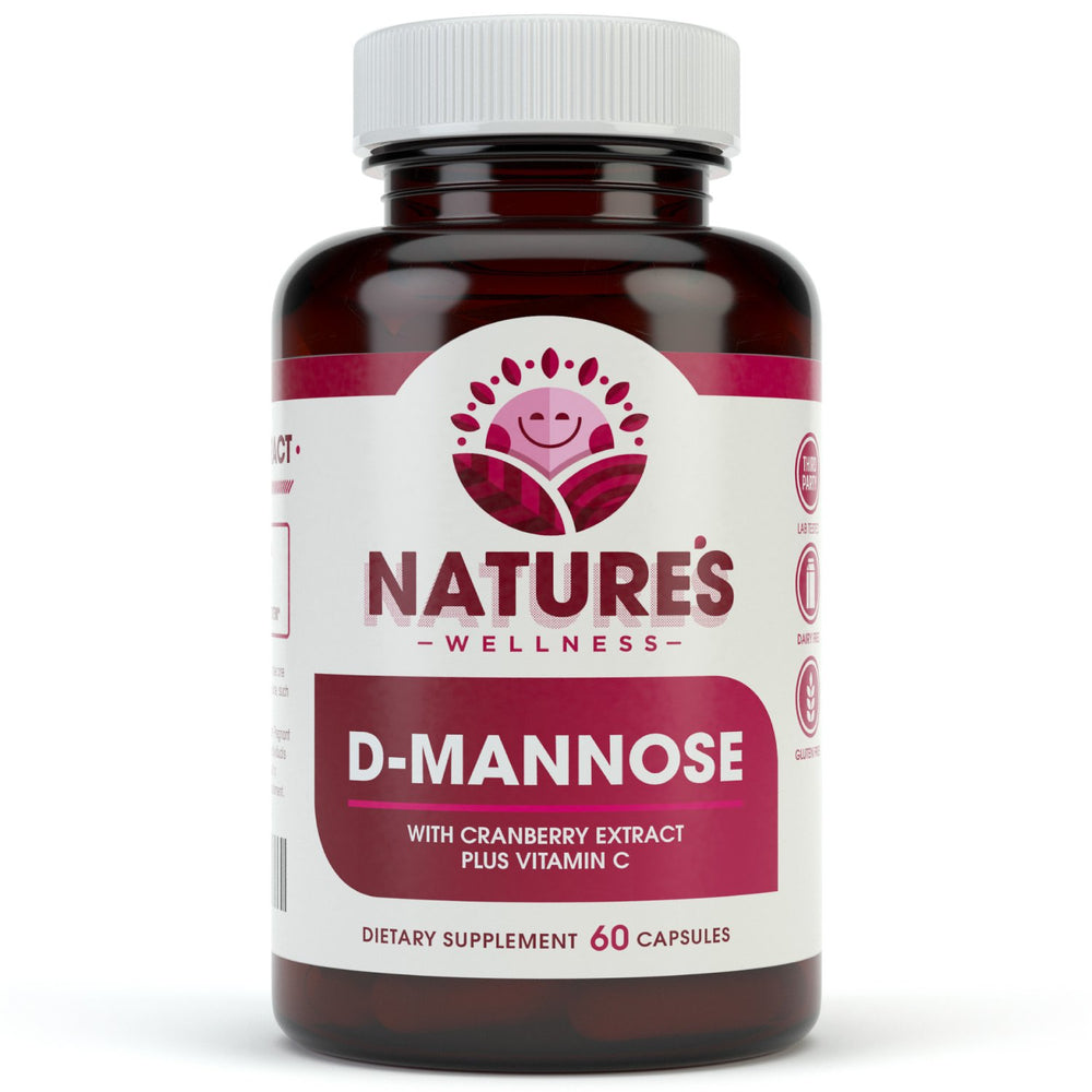 Bottle of D-Mannose with Cranberry Extract and Vitamin C capsules