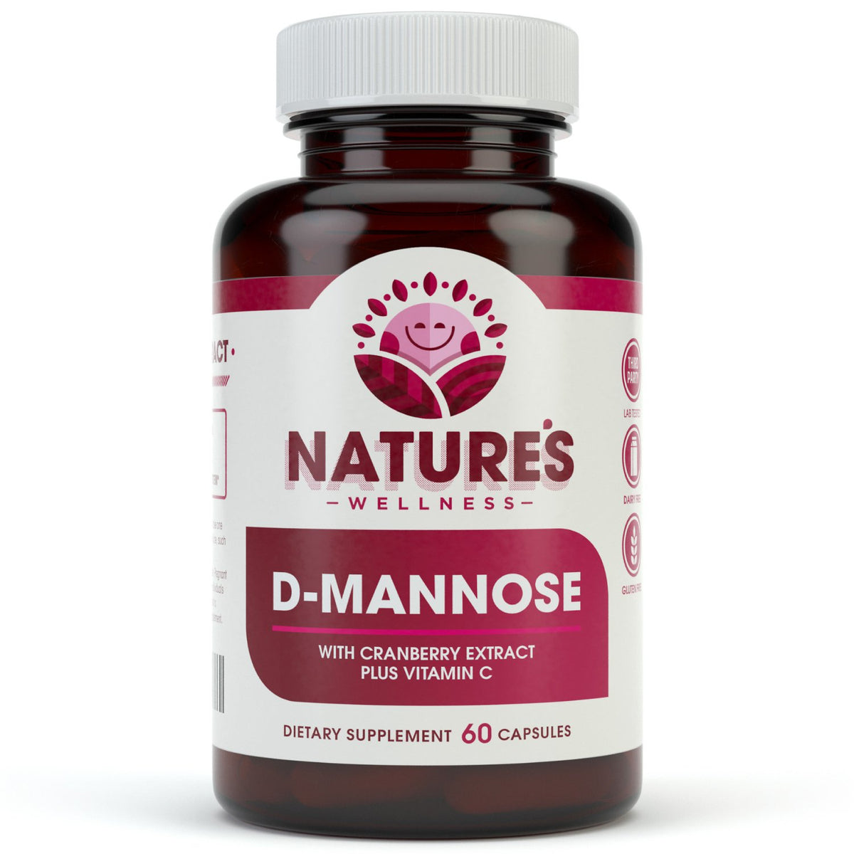 Bottle of D-Mannose with Cranberry Extract and Vitamin C capsules