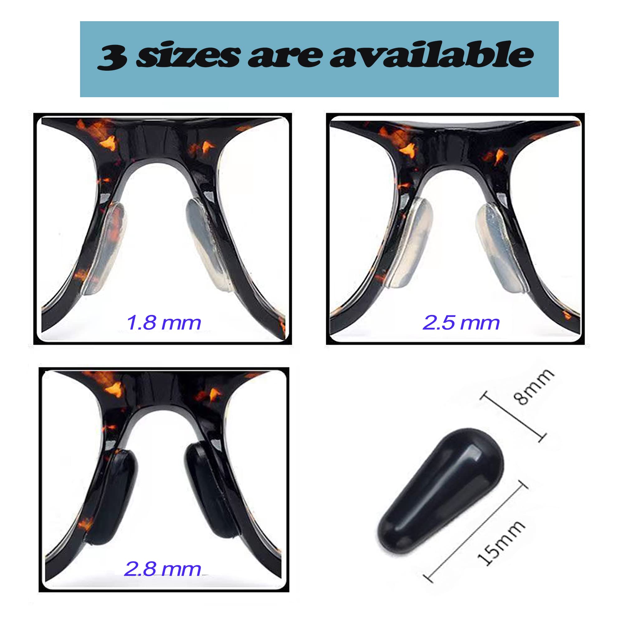 D-shaped silicone nose pads on eyeglass frame