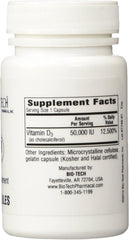 Label of D3-50 50,000 IU Vitamin D3 showing 100 capsules